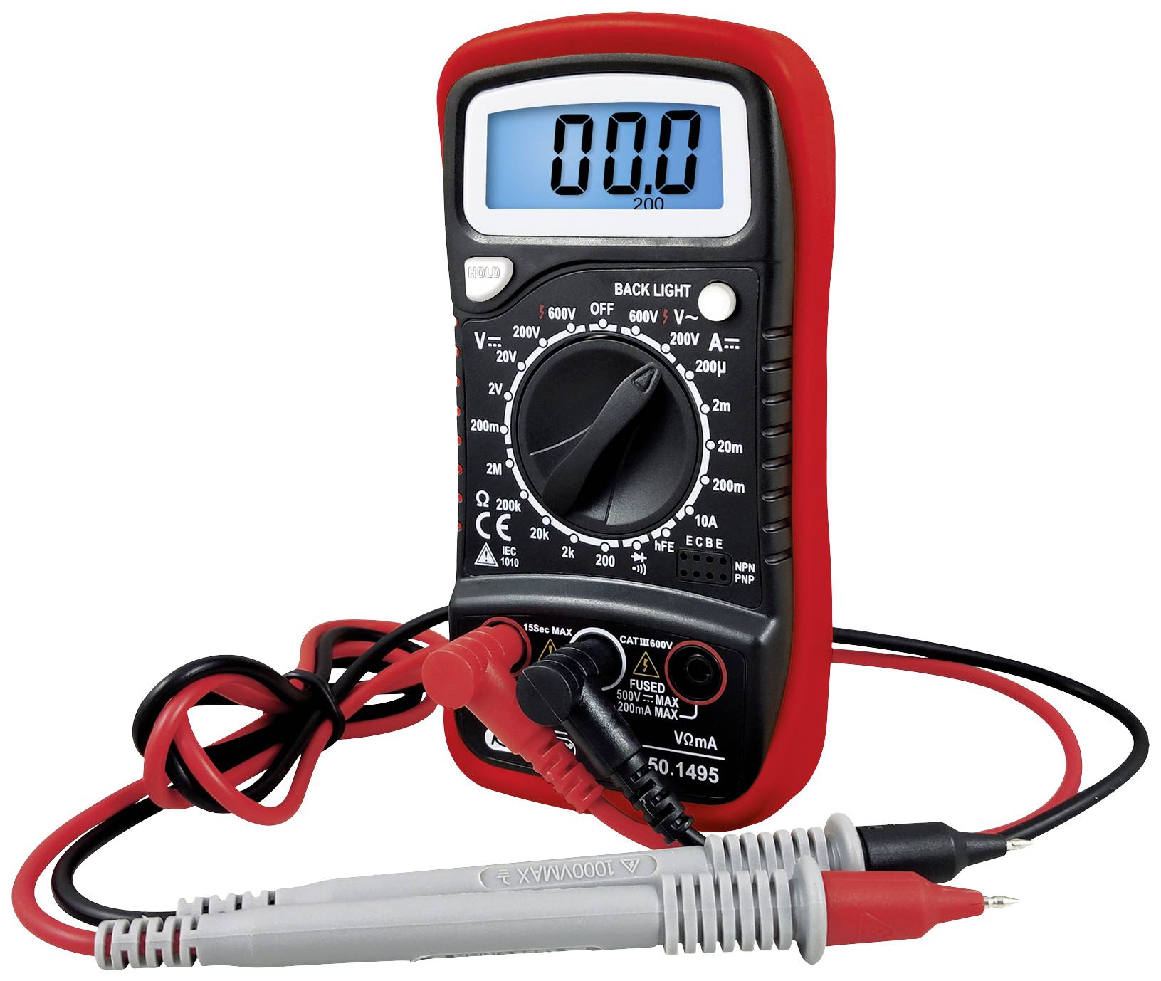 Ein digitaler Multimeter mit rotem Rahmen zeigt 0.00 auf dem Display. Zwei Messkabel, rot und schwarz, sind angeschlossen.