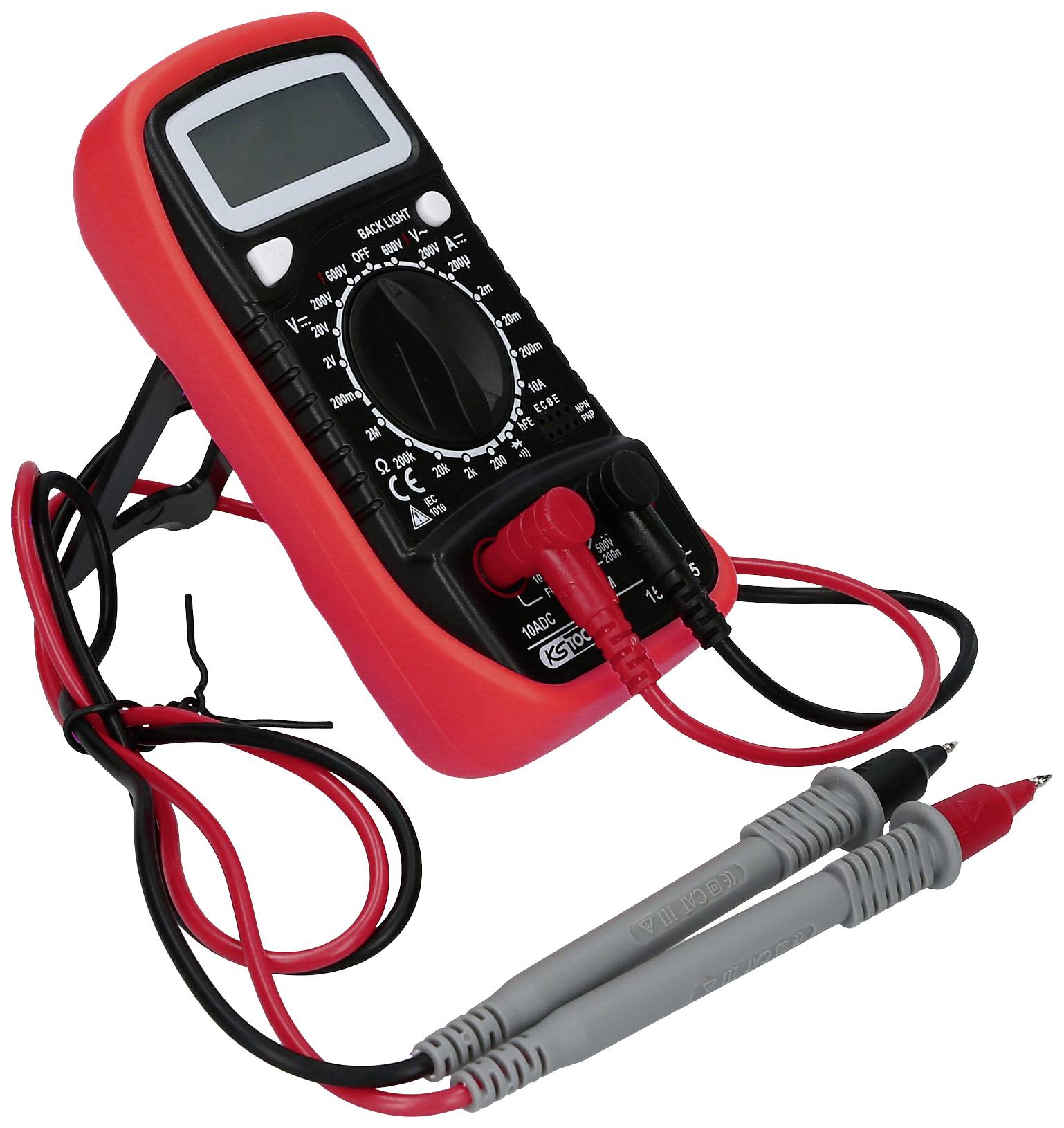 Ein digitales Multimeter mit rotem Gehäuse und schwarzen Messkabeln, geeignet zur Messung von Spannung, Stromstärke und Widerstand.