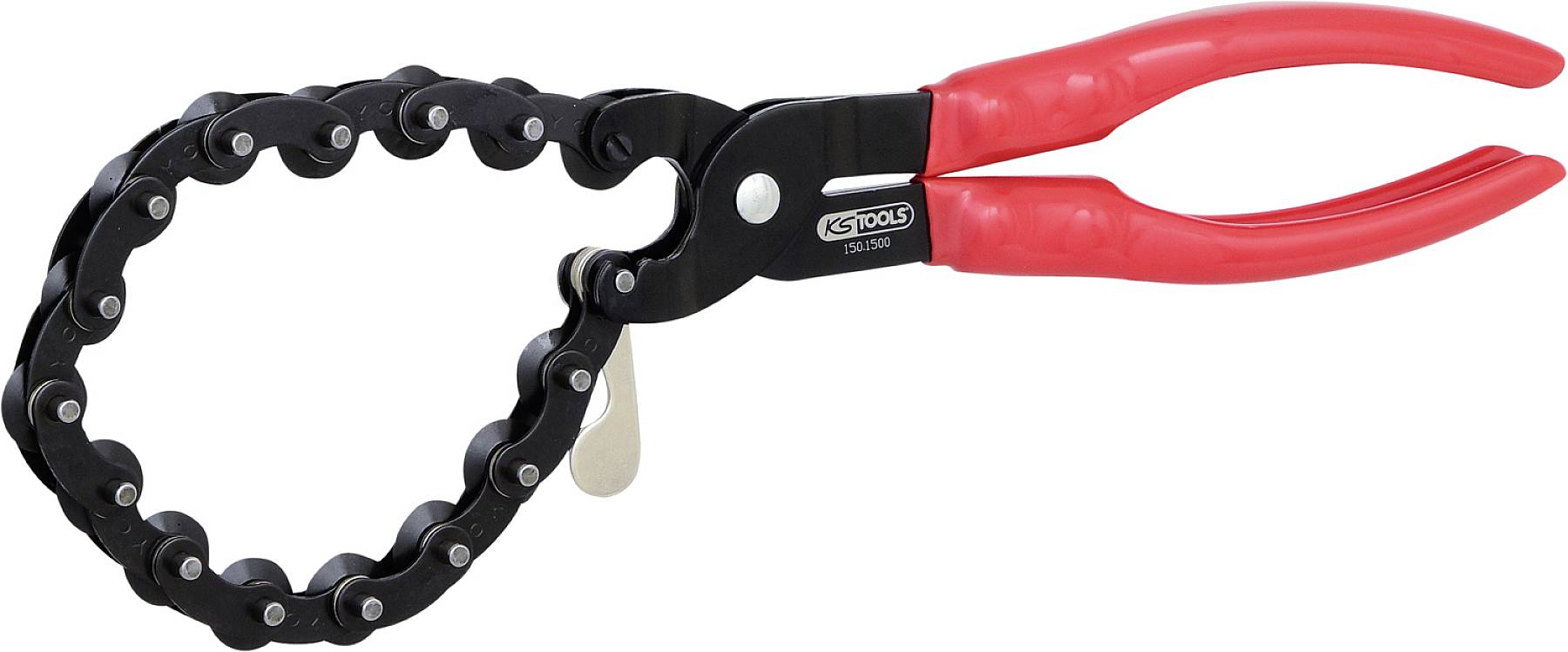 Ein rotes und schwarzes Handwerkzeug mit Kettenmechanismus, oft verwendet zum Entfernen von Ölfiltern.