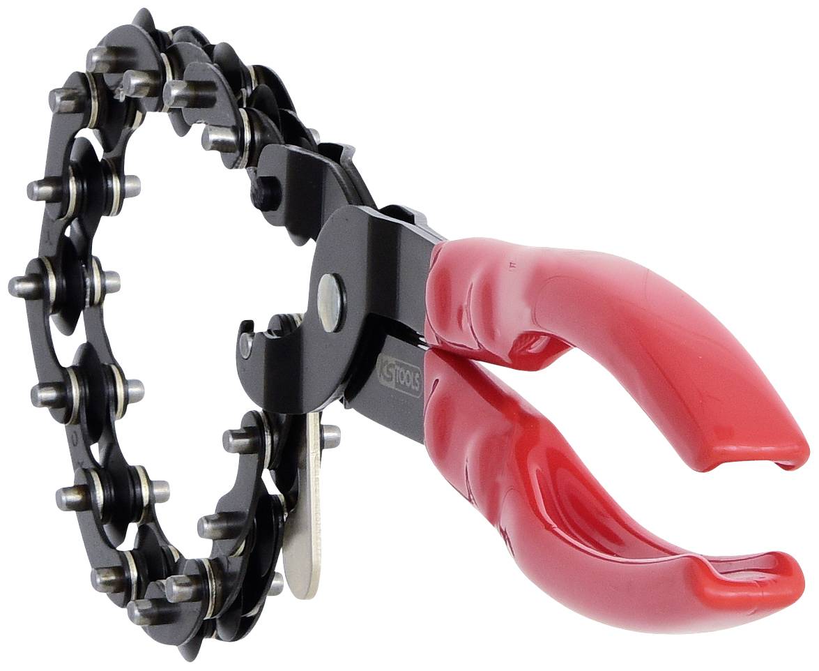 Rote Greifzange mit Metallkette, die zum Entfernen von Ölfiltern verwendet wird. Sie hat ergonomische Griffe.
