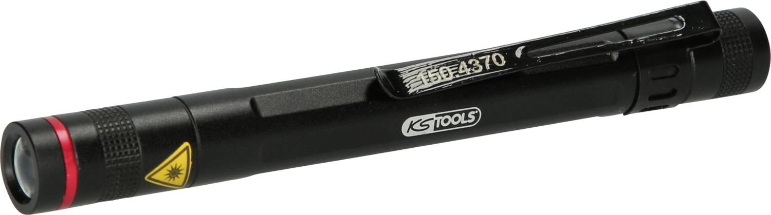 Schwarze Taschenlampe mit rotem Ring und Clip. Markierung 'KSTools' und Lasersymbol warnen vor Laserstrahl.