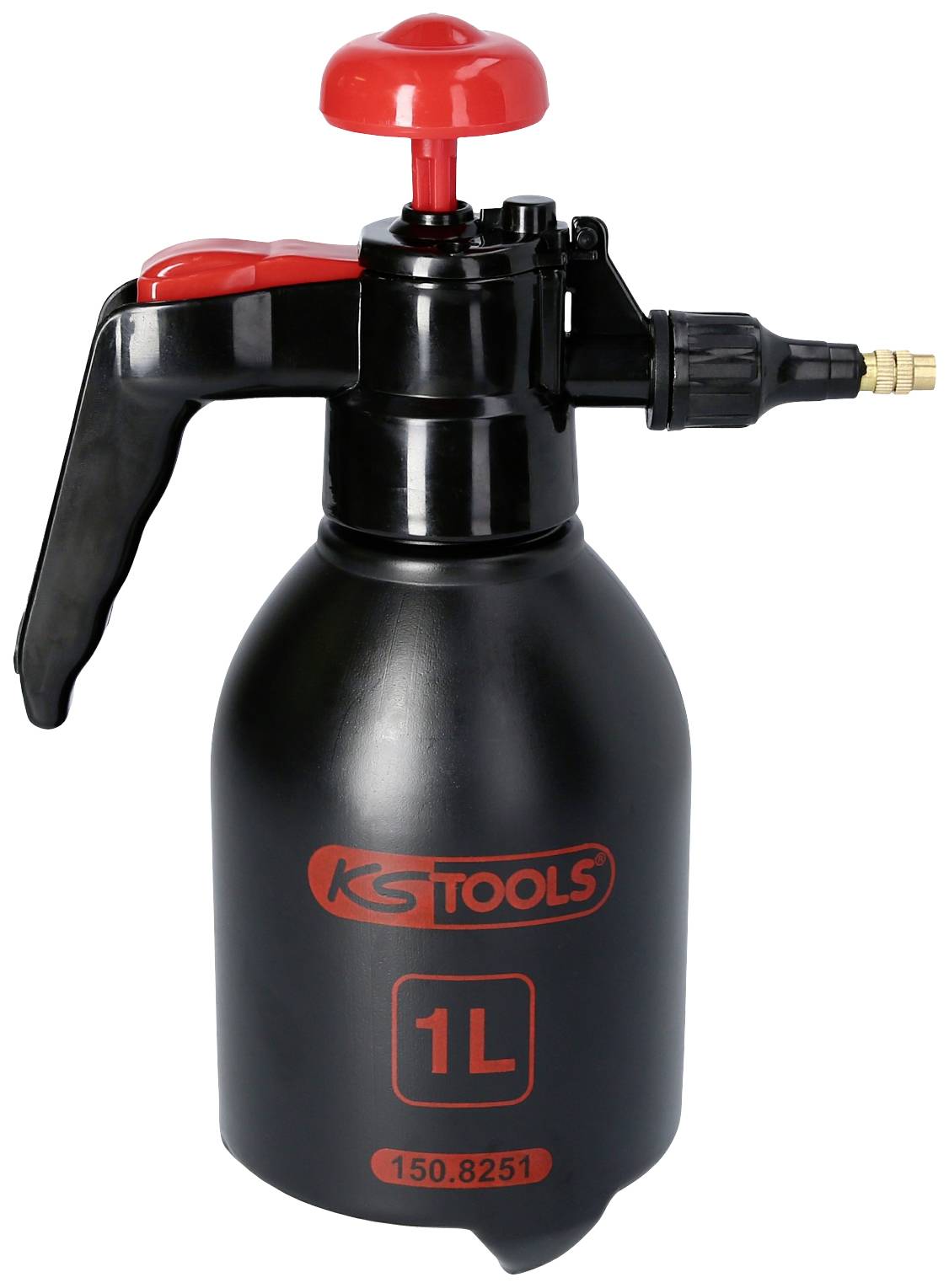 Schwarzer Drucksprüher mit rotem Griff und schwarzer Düse, Markenlogo 'KS Tools', 1-Liter-Kapazität, geeignet für Flüssigkeiten.