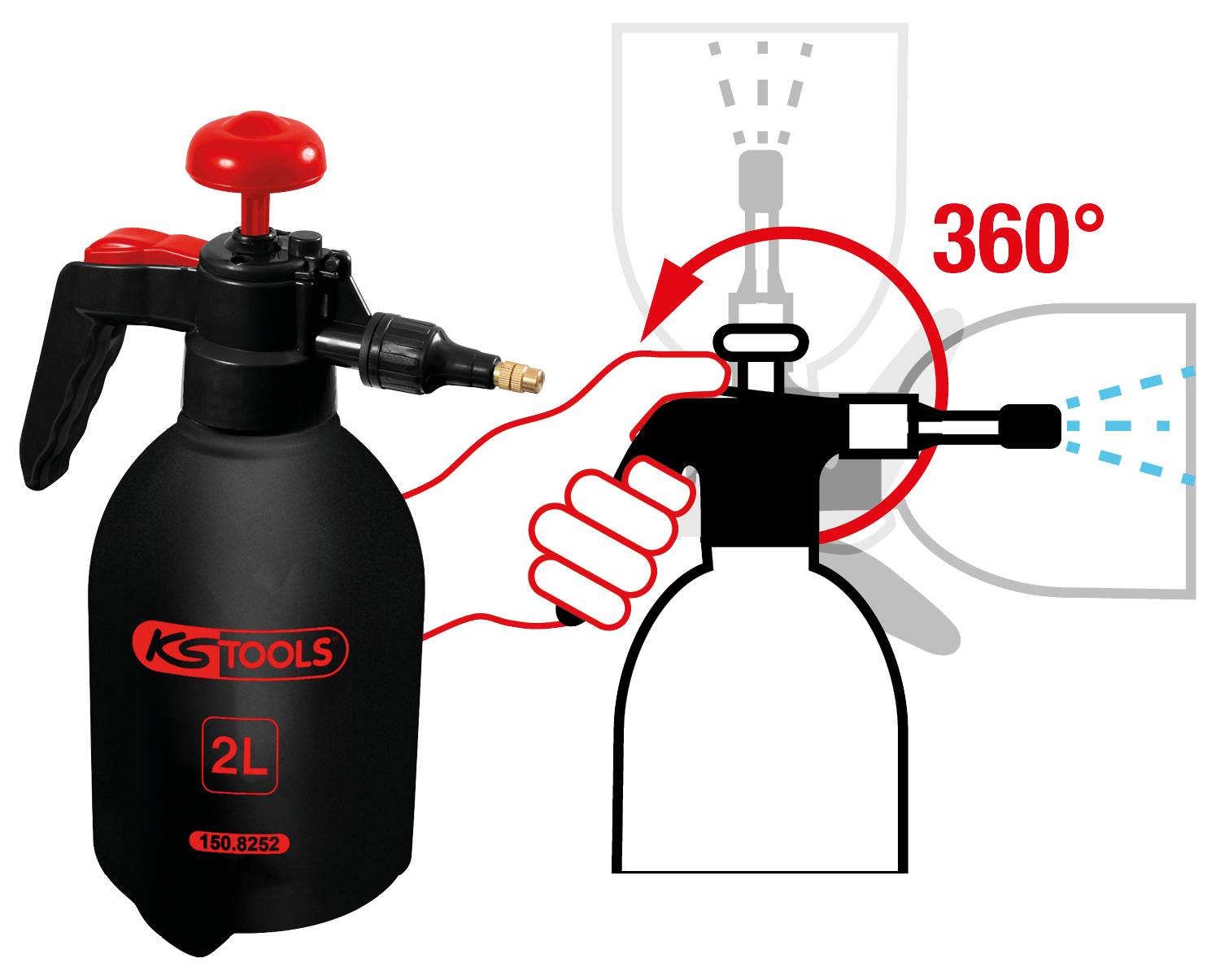 Ein schwarzer Drucksprüher von KS Tools mit 2L Volumen, rotem Griff und Sprühfunktion, die um 360 Grad eingestellt werden kann.