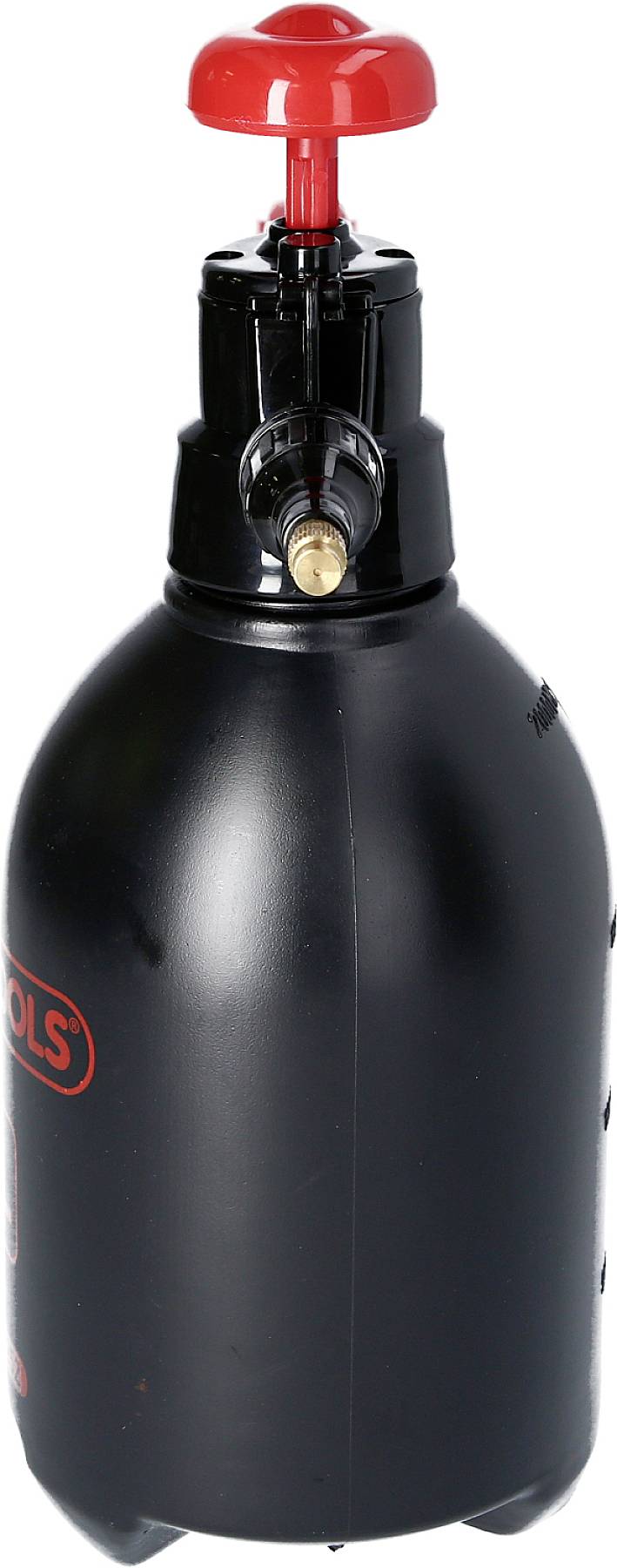 Schwarzer Drucksprüher mit rotem Griff und Düse, ideal zum Verteilen von Flüssigkeiten.