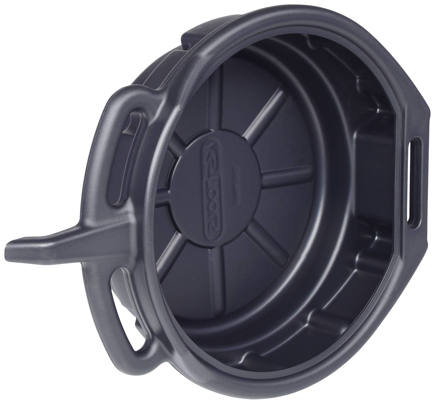Ölauffangwanne aus schwarzem Kunststoff, rund mit Griffen und Ausguss, für sauberes Ablassen von Motoröl bei Fahrzeugwartung.