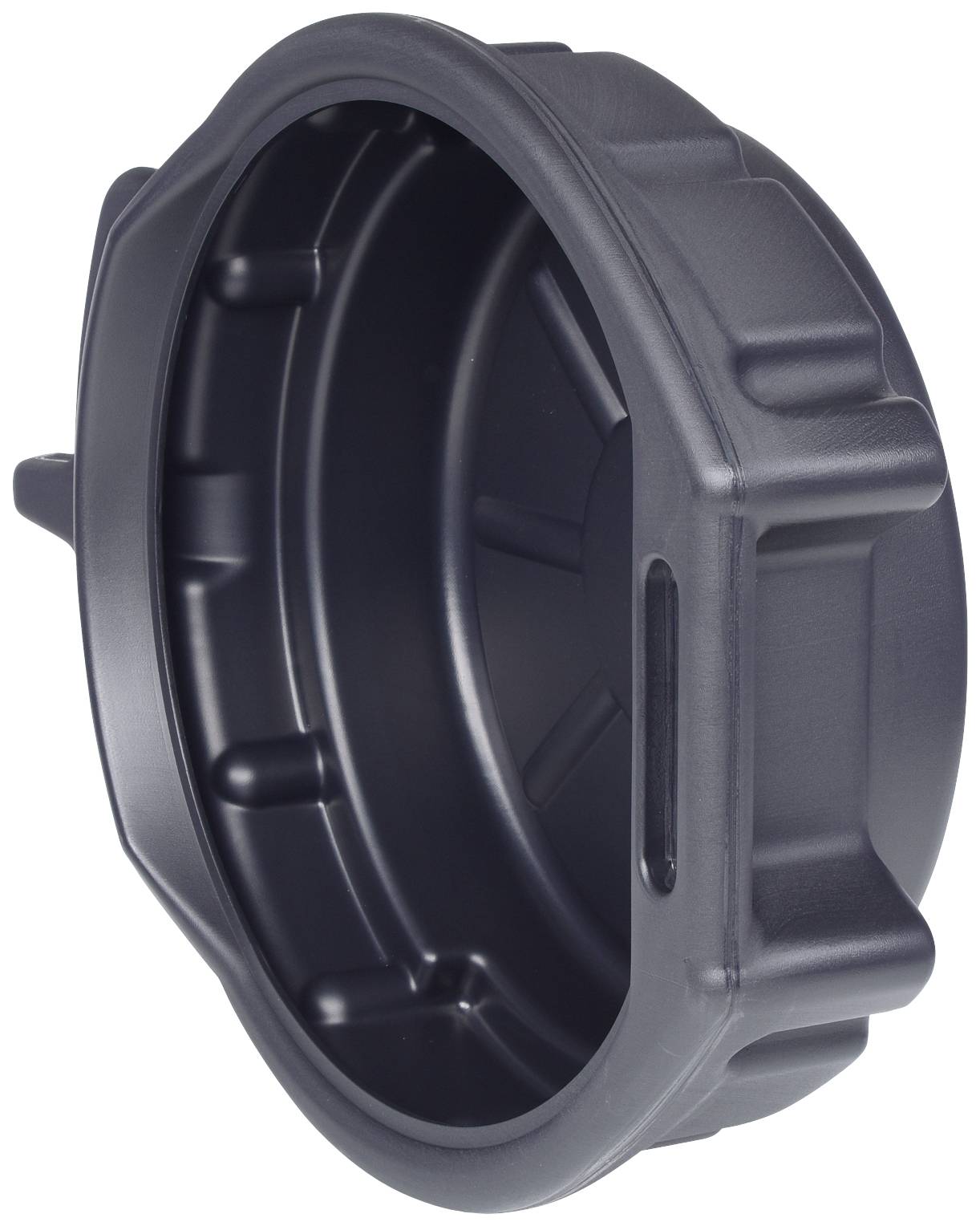 Schwarze Kunststoff-Abdeckung mit runder Form und erhabenen Griffsegmenten.