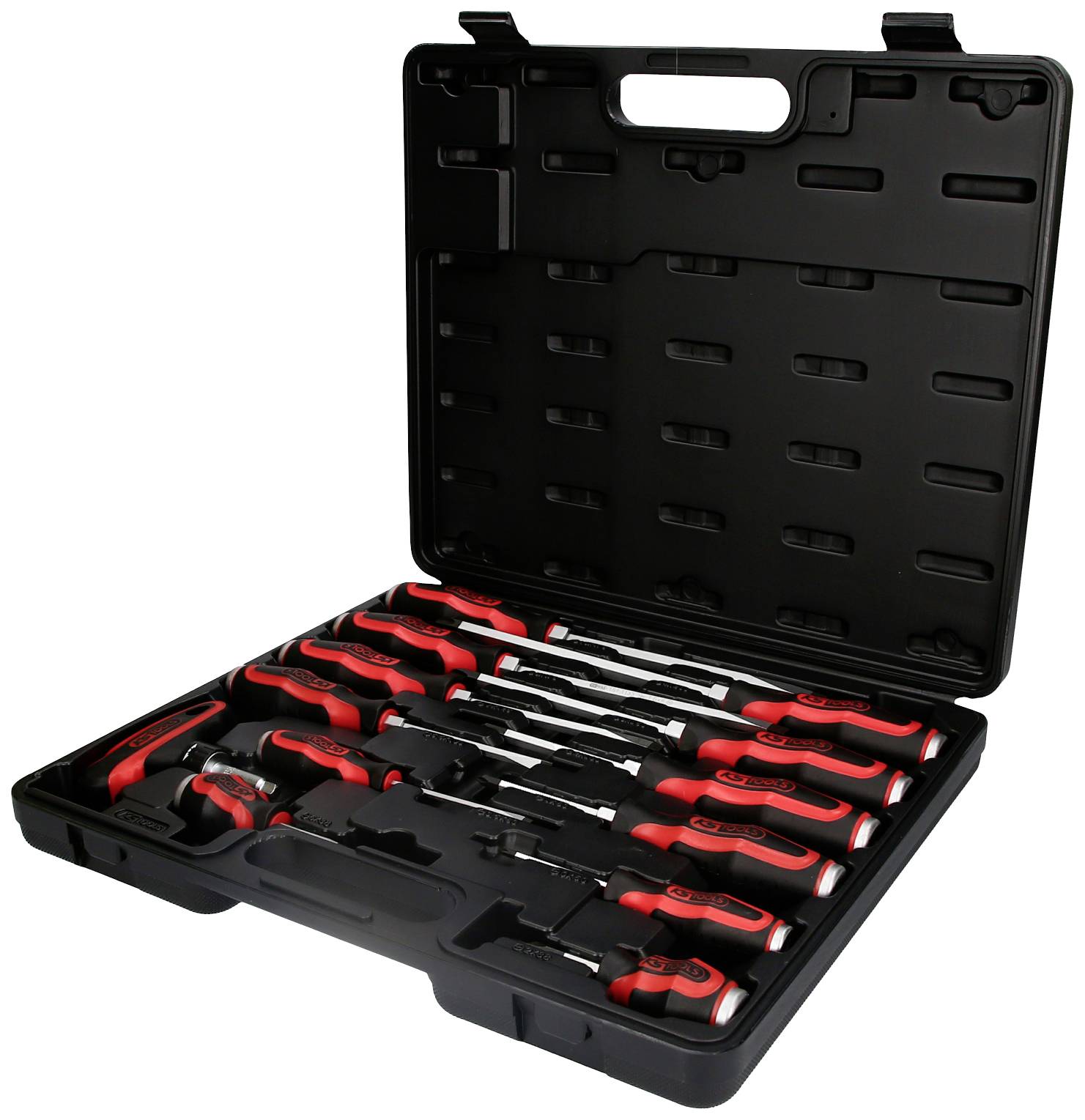 Schwarz-rotes Schraubendreher-Set in einem offenen Koffer, mit verschiedenen Größen und Typen, geeignet für diverse Anwendungen.