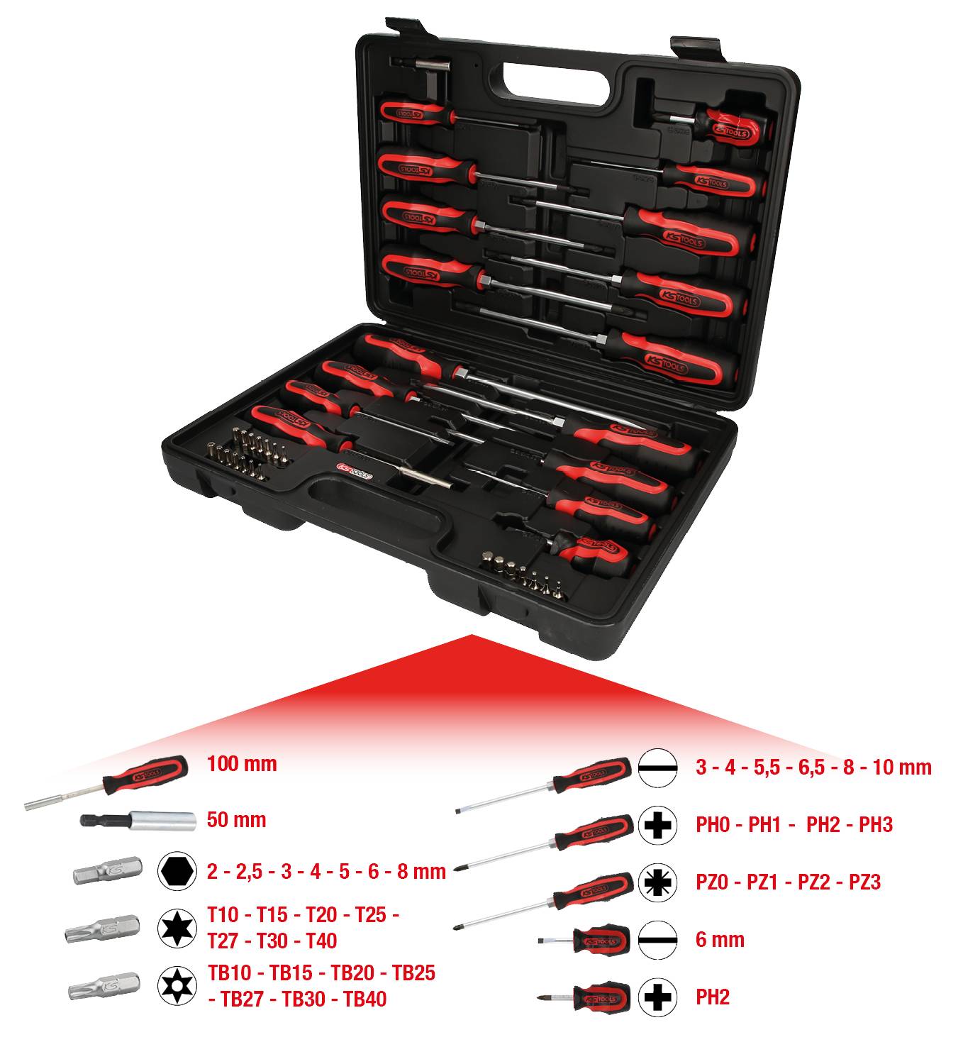 Ein Set von Schraubendrehern und Bits in einem offenen schwarzen Koffer. Enthalten sind verschiedene Größen und Typen, wie Kreuz- und Schlitzschraubendreher.