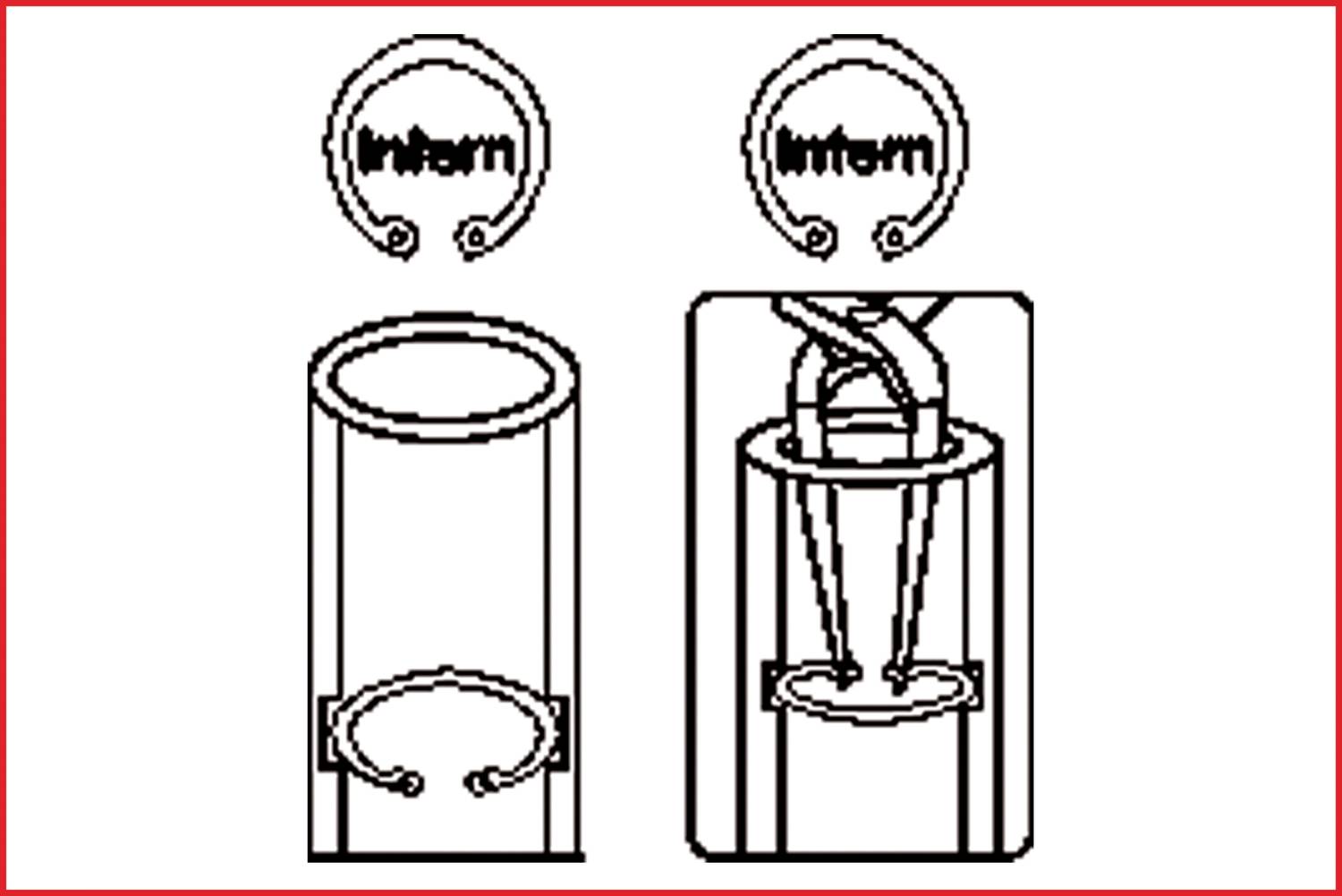 Illustration zeigt, wie eine Klemme um ein zylindrisches Objekt gelegt und befestigt wird. Zwei Schritte: Öffnen der Klemme, Befestigung.