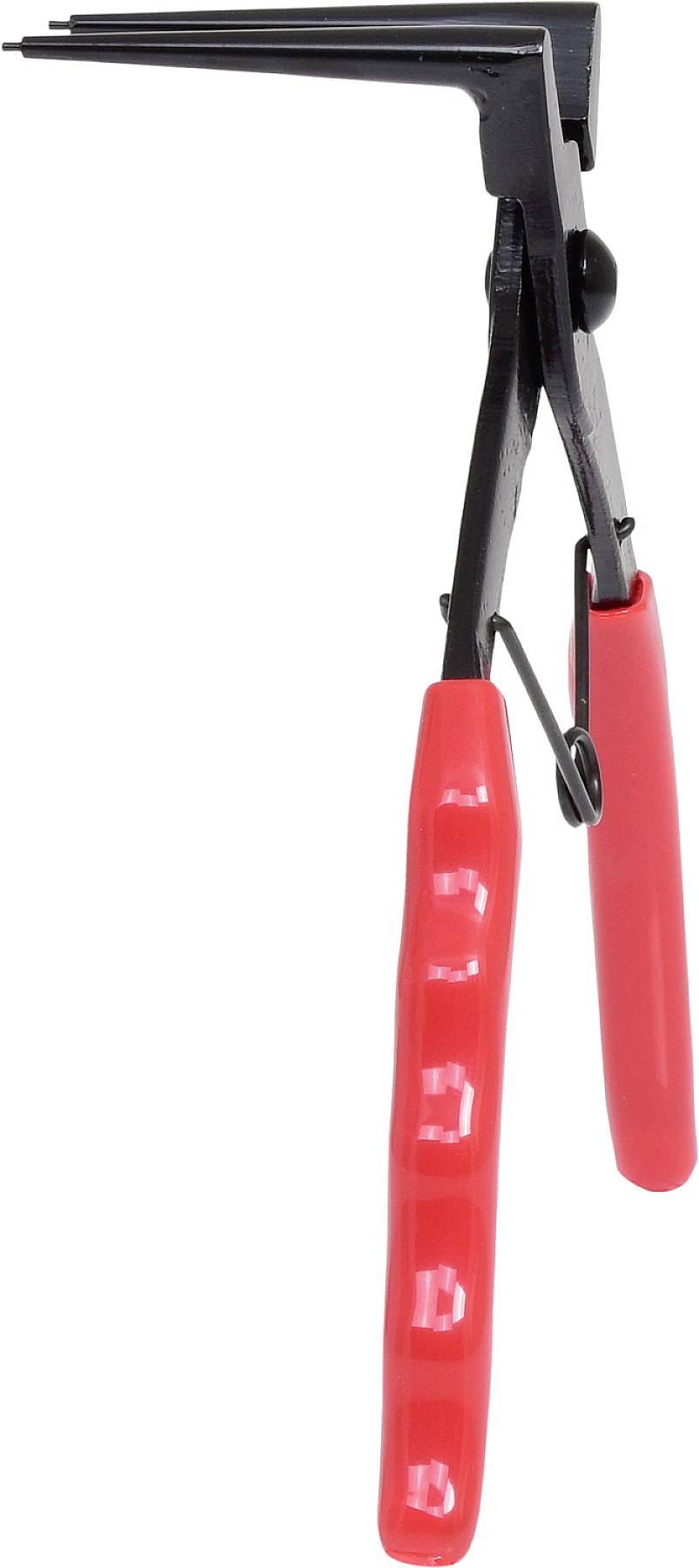 Rote Sprengringzange mit gebogenen Spitzen zum Einsetzen oder Entfernen von Sprengringen in mechanischen Bauteilen.