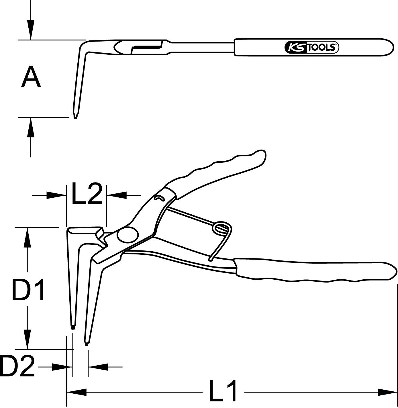 Diagramm einer Spitzzange mit Feder. Zeigt Abmessungen: Griff (A), Längen von Zange (L1, L2) und Zangenspitze (D1, D2).