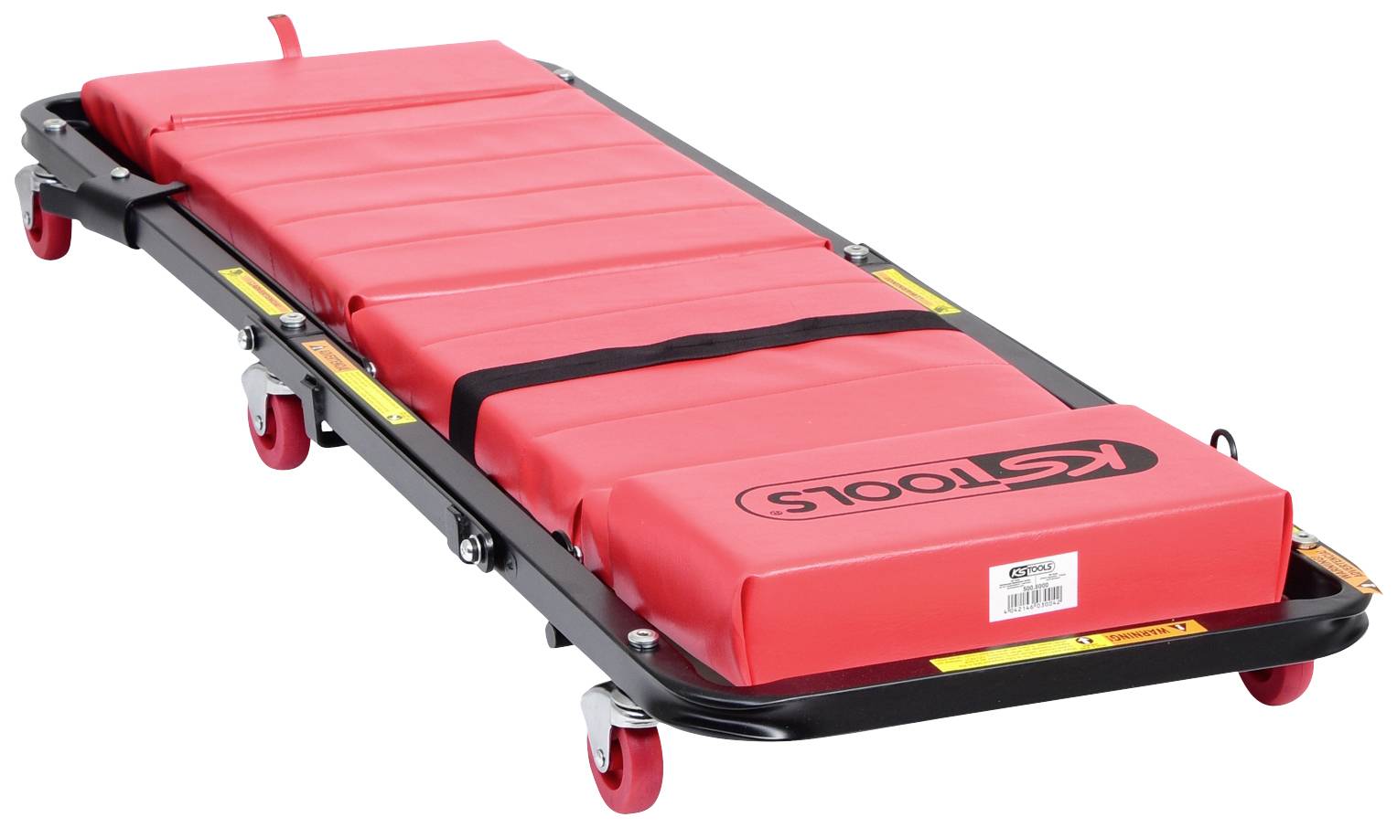 Roter Werkstattliegerollbrett mit schwarzem Rahmen und drehbaren Rädern, geeignet für KFZ-Arbeiten.