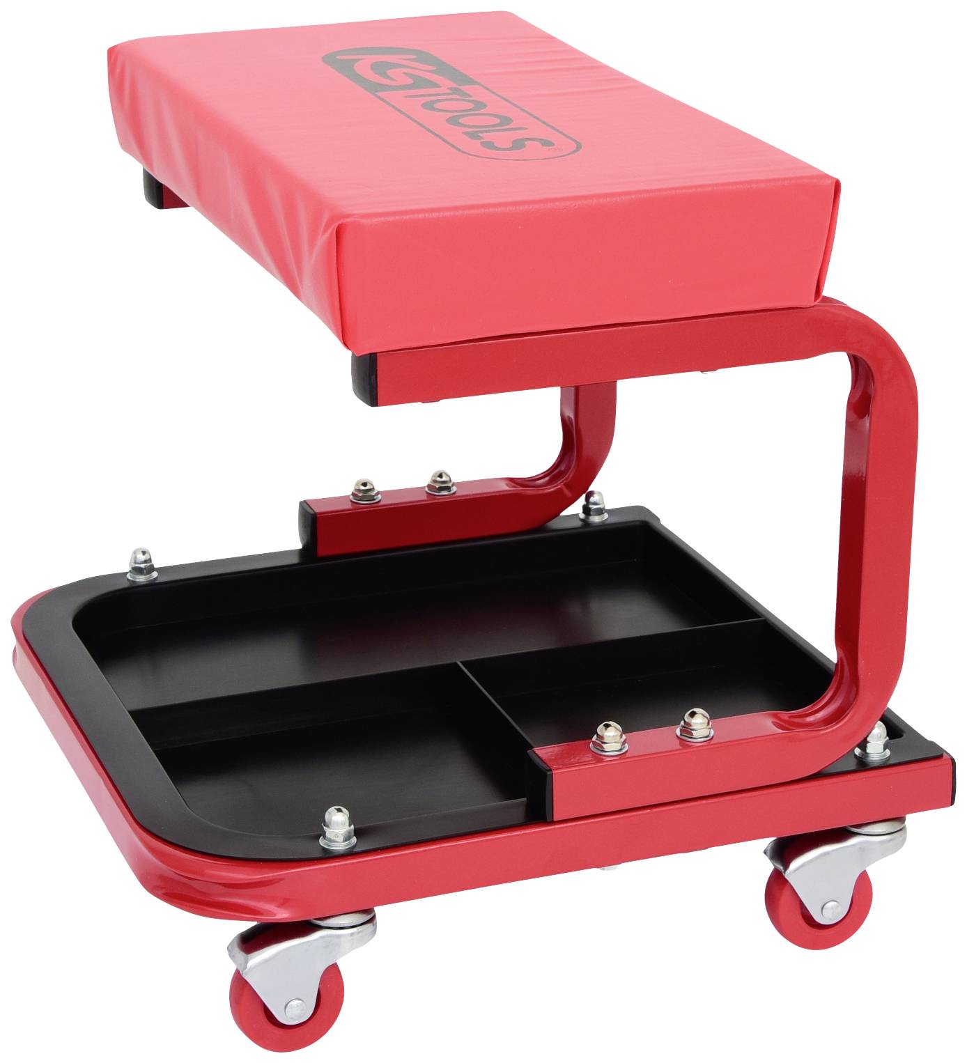 Roter Werkstatthocker mit gepolstertem Sitz und vier Rollen. Unter dem Sitz befinden sich zwei schwarze Ablagefächer.