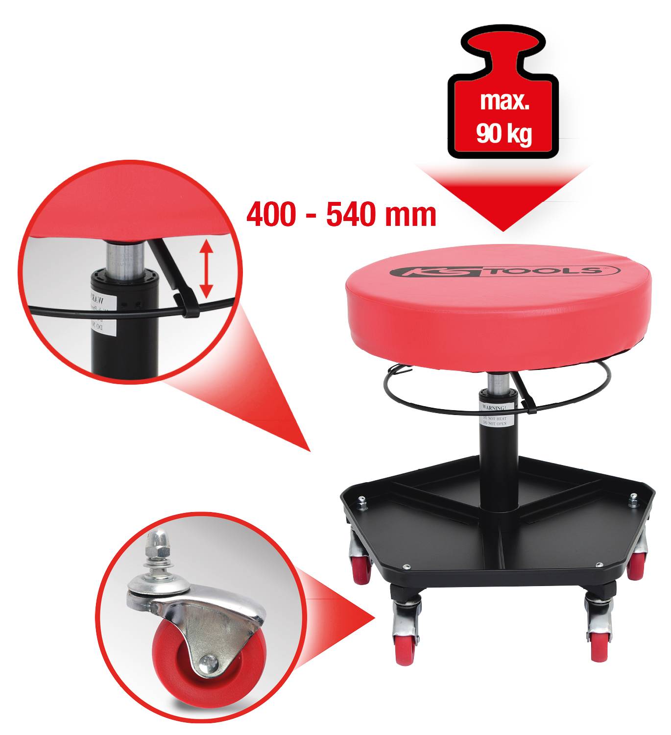 Ein höhenverstellbarer Rollhocker, max. Belastung 90 kg, Höhe 400-540 mm, mit roten Rollen und Sitz. Ideal für Werkstätten.