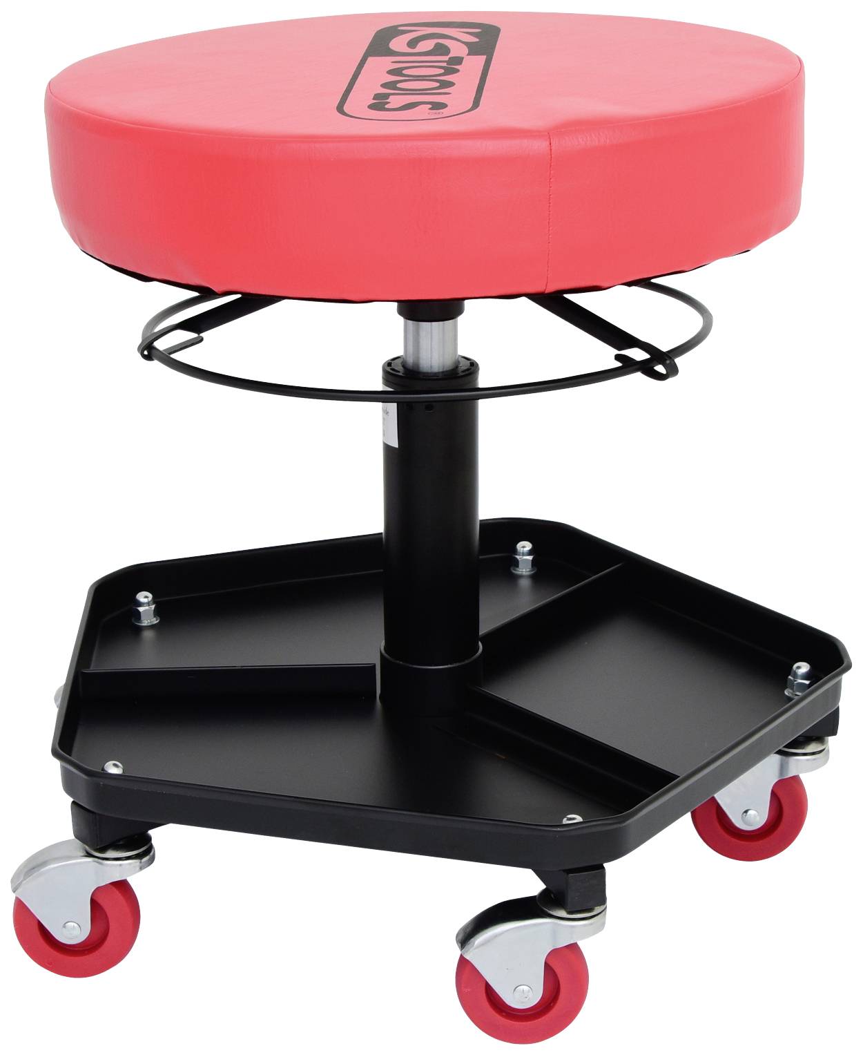 Roter Werkstatthocker mit Rollen und Werkzeugablage. Höhenverstellbar und mobil. Ideal für Mechaniker oder Werkstattarbeiten.