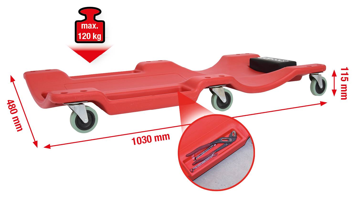 Roter Mechanikerliege mit Rollen, max. Belastung 120 kg, Maße: 1030 mm Länge, 480 mm Breite, 115 mm Höhe. Ablagefach für Werkzeuge.