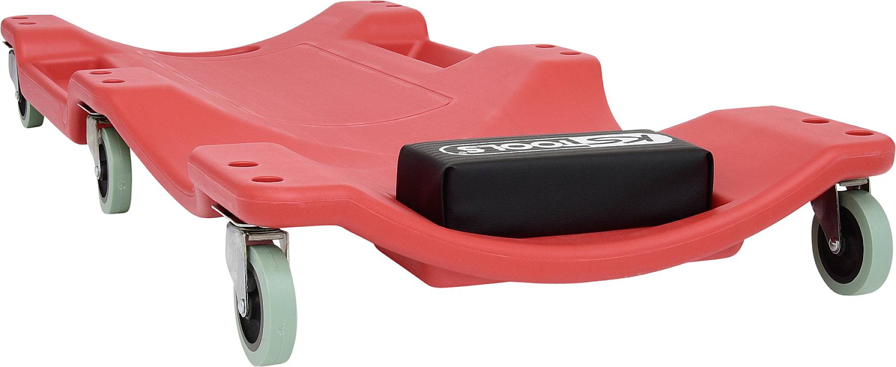 Rote Rollunterlage mit sechs Rädern zur Unterstützung bei Arbeiten unter Fahrzeugen; schwarzes Kopfpolster integriert.