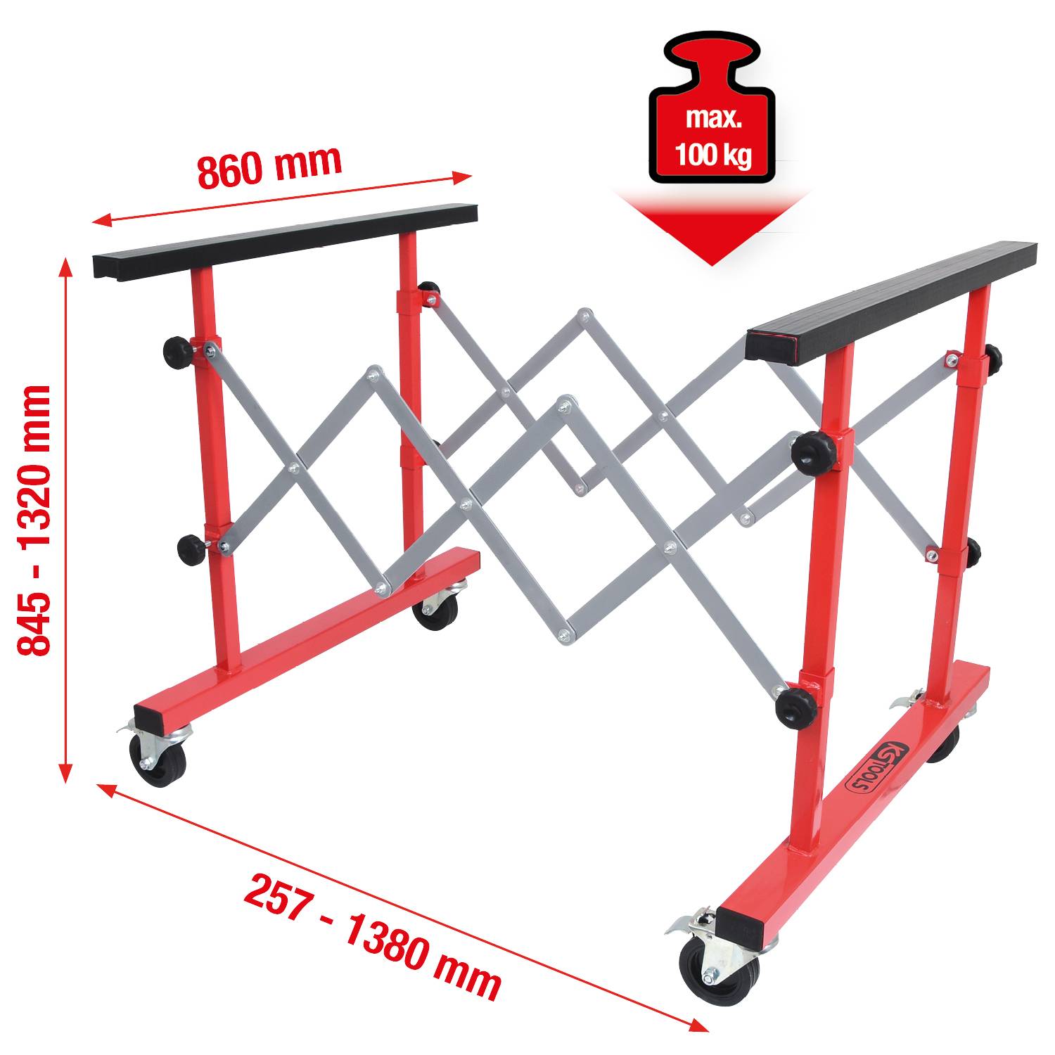 Mobiles, verstellbares Untergestell mit Tragkraft 'max. 100 kg'. Dimensionen: Breite 860 mm, Höhe 845-1320 mm, Tiefe 257-1380 mm.