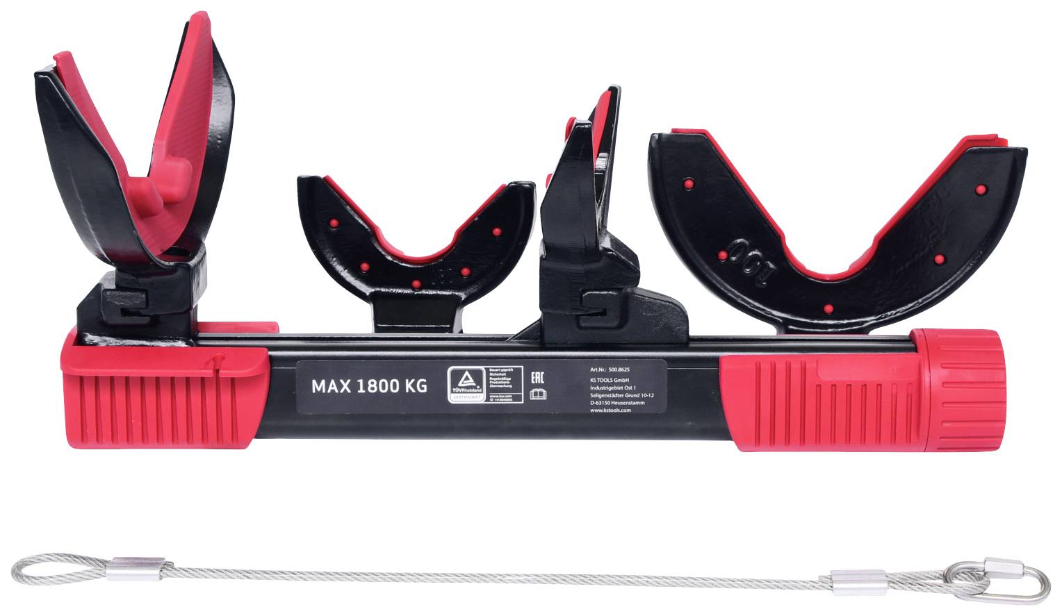 Roter Rohrhalter mit drei klappbaren Halterungen und einer maximalen Tragkraft von 1800 kg, darunter ein Stahlseil zur Sicherung.