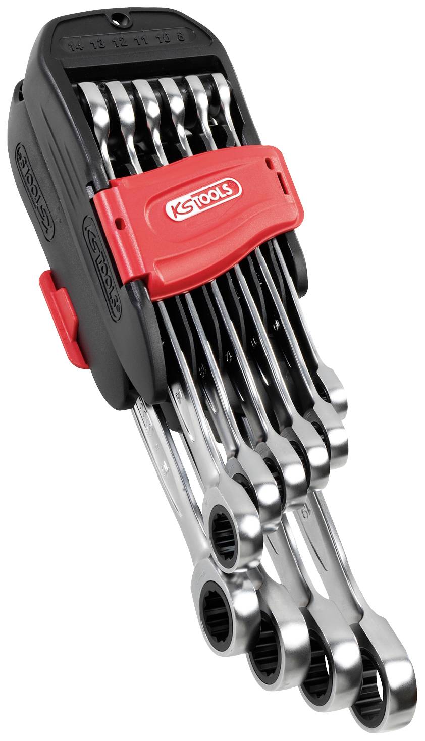 Sechsteiliges Ratschenschlüssel-Set in einem schwarzen und roten Halter. Enthält Schlüssel in verschiedenen Größen. Geeignet für Arbeiten an Fahrzeugen und Maschinen.