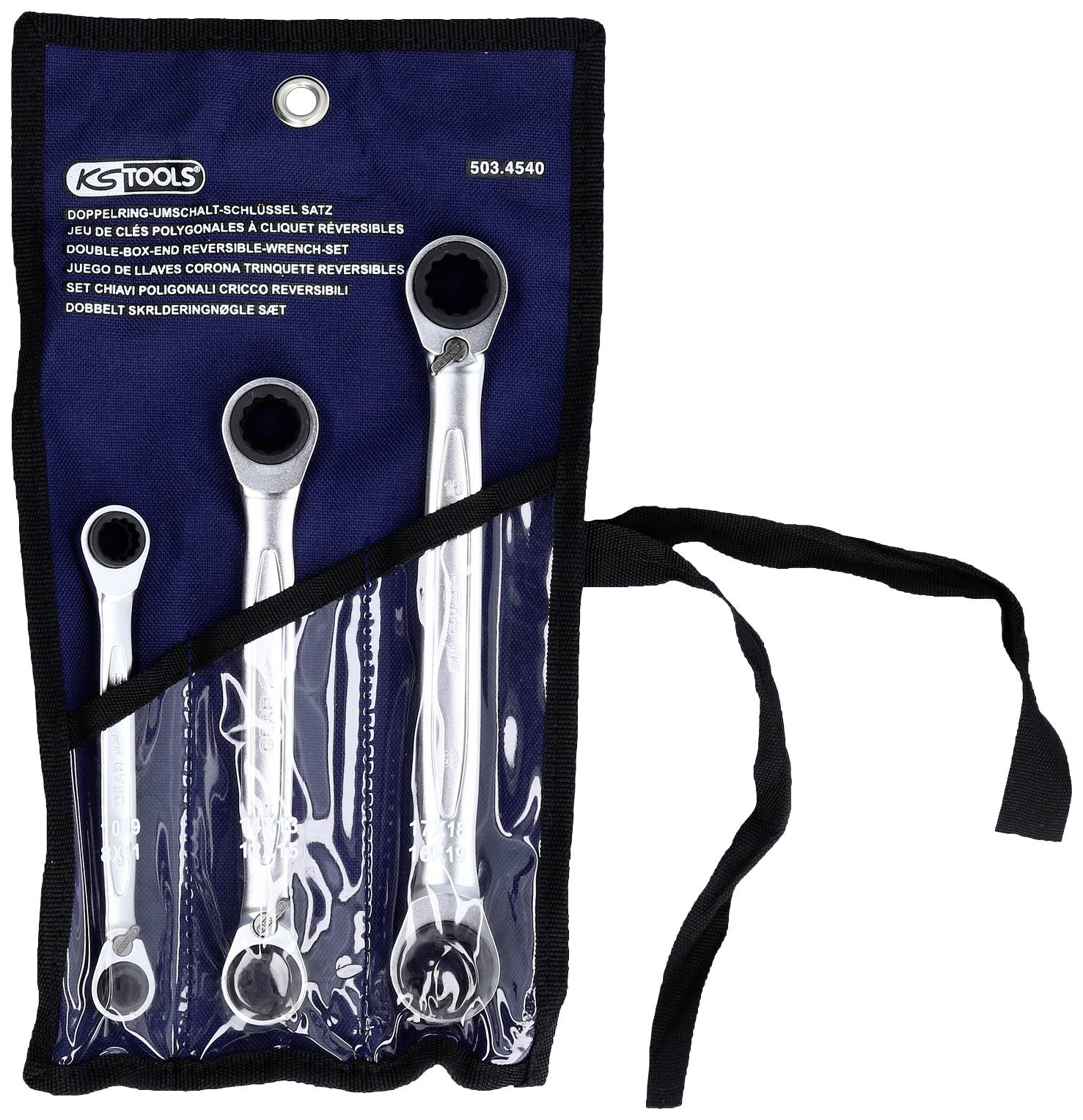 'Satz aus vier doppelseitigen Ratschenschlüsseln in einer blauen, stoffbezogenen Hülle mit Aufdruck 