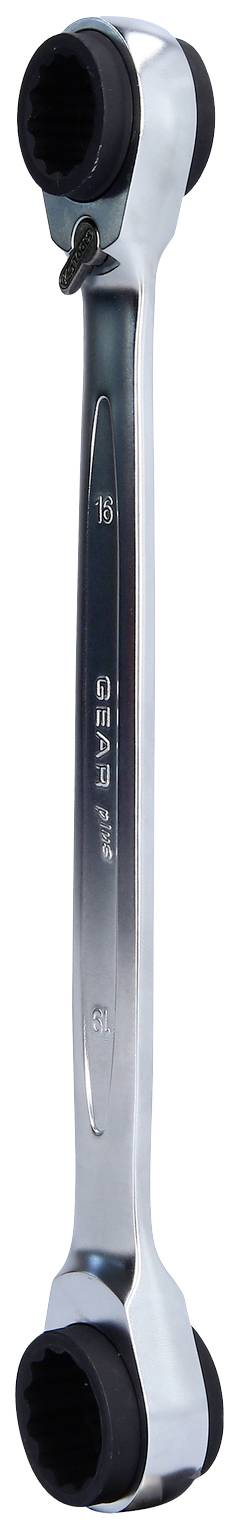 Ein silberner Ratschenringschlüssel mit vier verschiedenen Steckgrößen an den Enden, geeignet für vielseitige Verschraubungen.