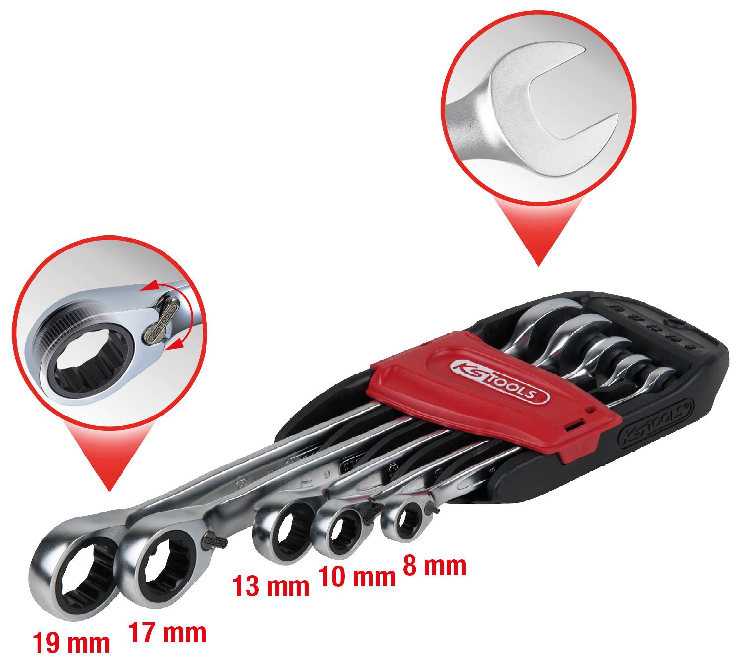 Ein Set von sechs Ringschlüsseln in verschiedenen Größen (8 mm bis 19 mm) mit Ratschen- und Gabelkopf in einer schwarzen Halterung.