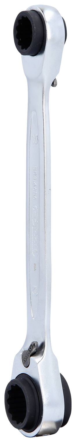 Ein silberfarbener Ratschen-Ringschlüssel mit zwei runden Köpfen an beiden Enden, geeignet für Schraubarbeiten in engen Bereichen.