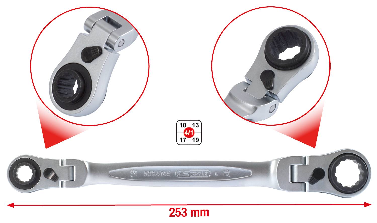 Schraubenschlüssel mit Ratschenmechanismus, 253 mm lang. Zooms zeigen Nahansichten der abgerundeten, verstellbaren Ratschenköpfe.
