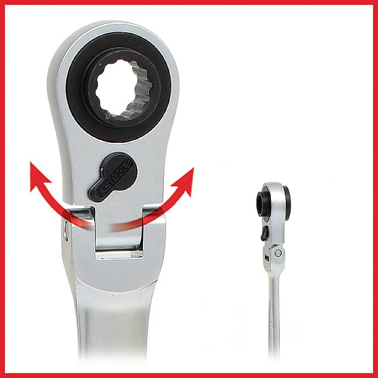 Ein silberner Ringschlüssel mit Ratschenmechanismus und schwarzem Einstellhebel. Rote Pfeile zeigen die Drehbewegung an.