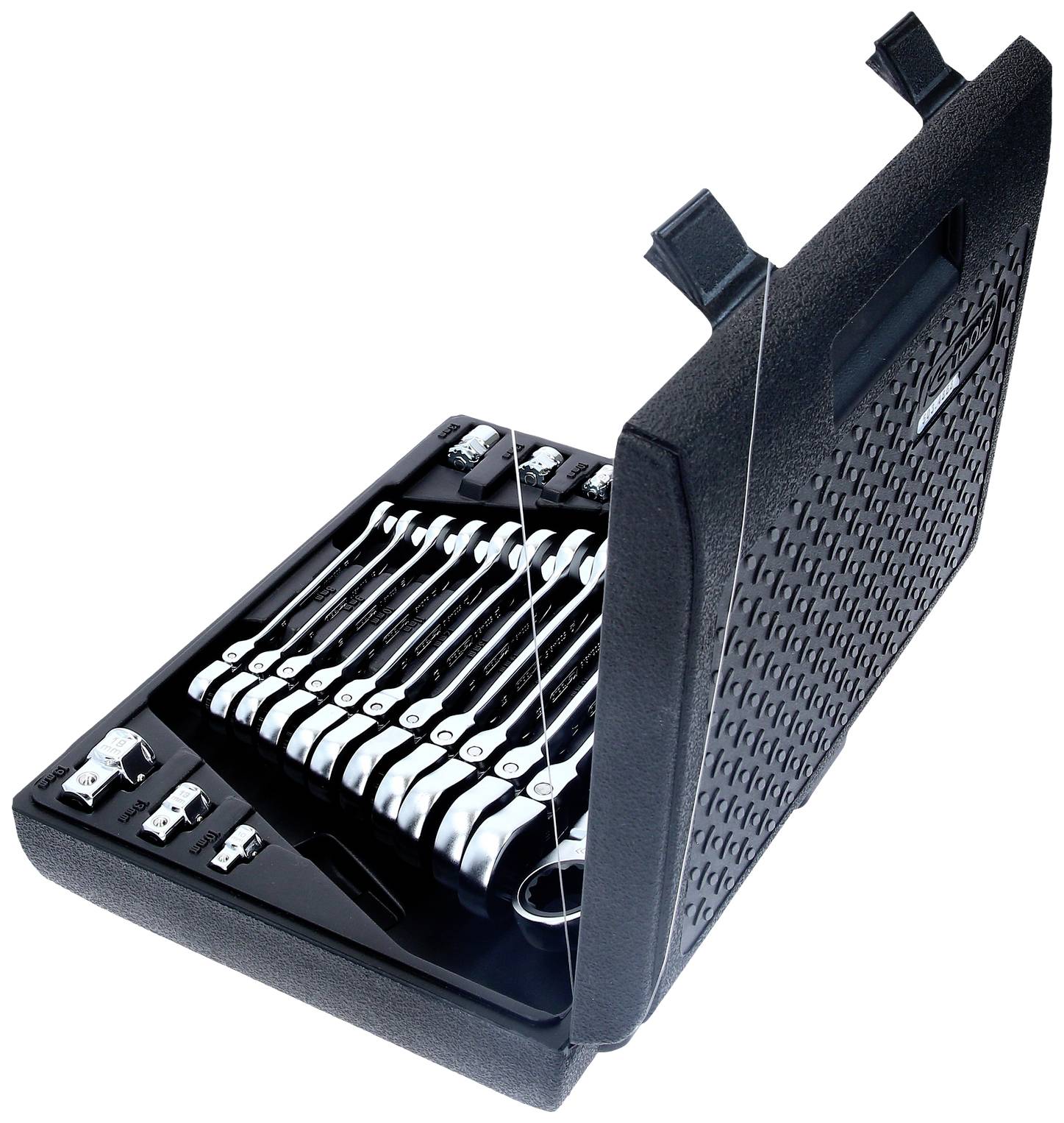 Geöffneter Werkzeugkoffer mit mehreren Schraubenschlüsseln und kleinen Werkzeugen, die ordentlich in Schaumstoffeinlagen organisiert sind.