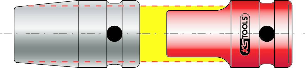 Technische Zeichnung eines Rohrverbinders, bestehend aus einem silbernen und einem roten Teil, verbunden durch ein gelbes Element.