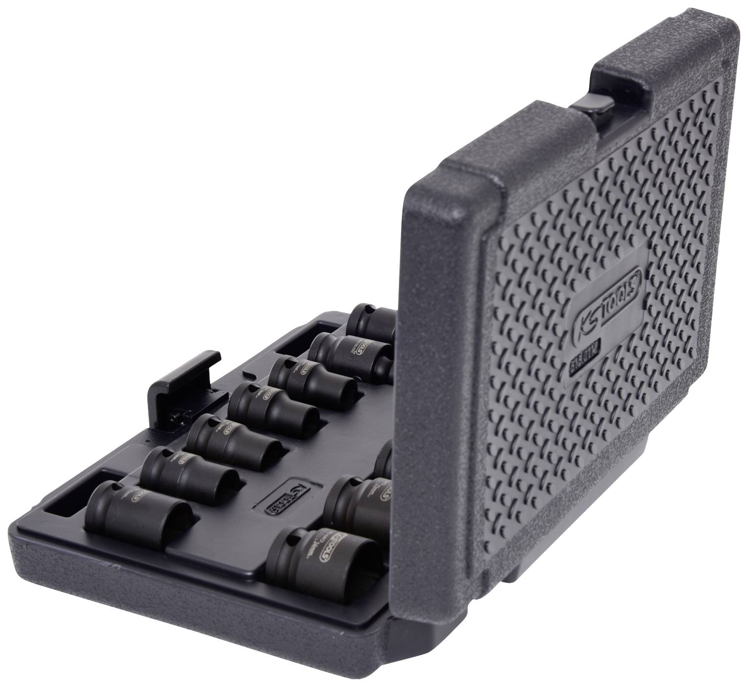 Ein geöffneter Kunststoffkoffer mit neun schwarzen Steckschlüsselaufsätzen in unterschiedlichen Größen, organisiert und einsatzbereit.
