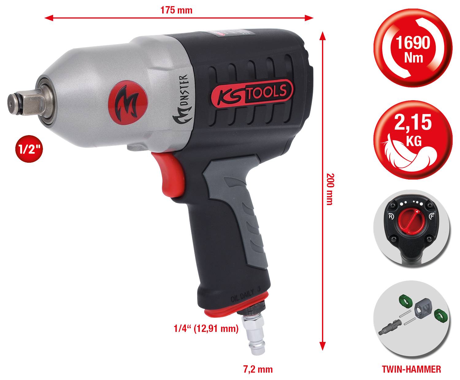 'Druckluft-Schlagschrauber von KS Tools mit 1690 Nm. Länge: 200 mm, Gewicht: 2,15 kg. Twin-Hammer-Mechanismus und 1/2