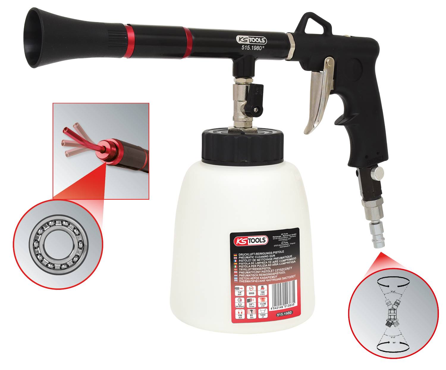 Druckluft-Sprühpistole mit Kunststoffbehälter, detaillierte Einsätze für Lagereinigung und flexible Düsenaufsätze, Marke KS Tools.