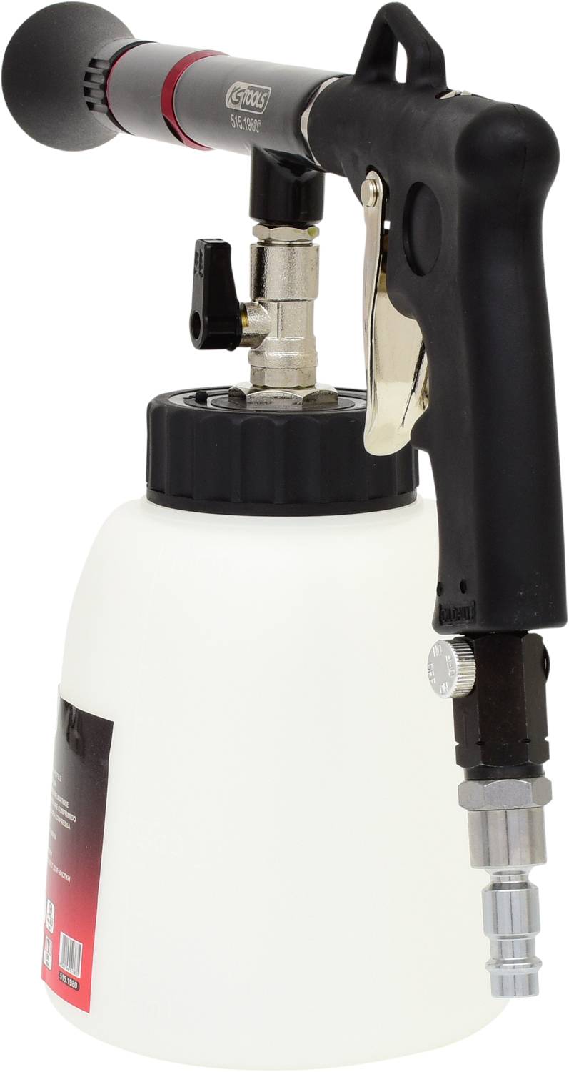 Eine Schaumkanone mit schwarzem Griff und rotem Ventil auf weißem Behälter, verwendet zur Reinigung mit Schaumstrahler.
