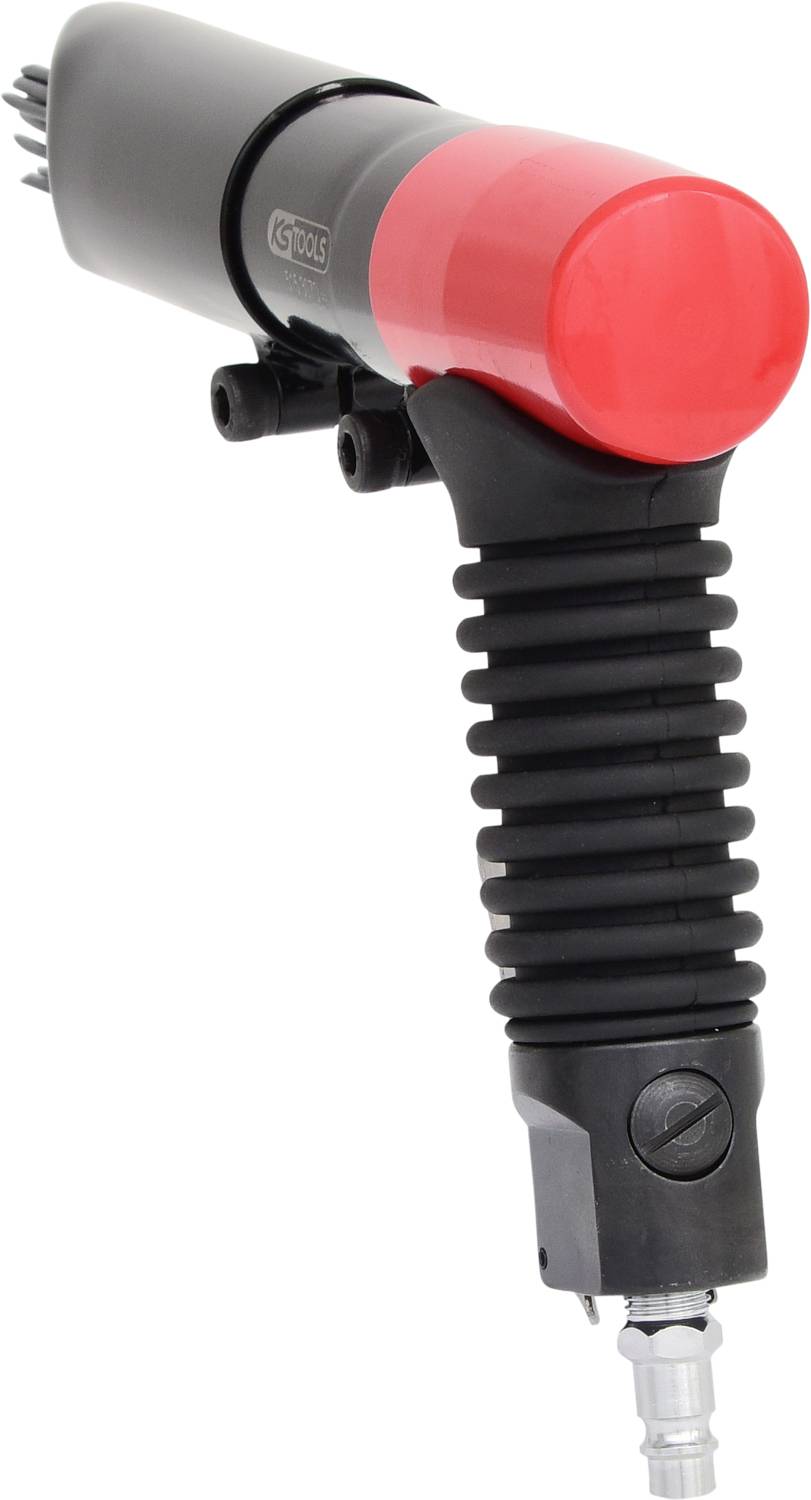 Luftdruck-Schweifnadelgerät mit rotem Gehäuse, ergonomischem Griff und Schlauchanschluss. Verwendet zur Reinigung und Entfernung von Rost.