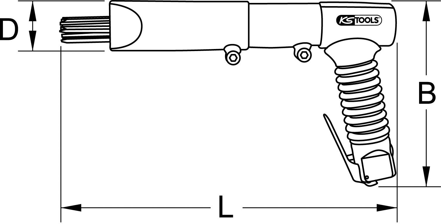 Diagramm eines Nadelentrosters von KS Tools mit Griff, Auslöser und Maßen L, B, D. Es zeigt die grundlegenden Komponenten und Maße.