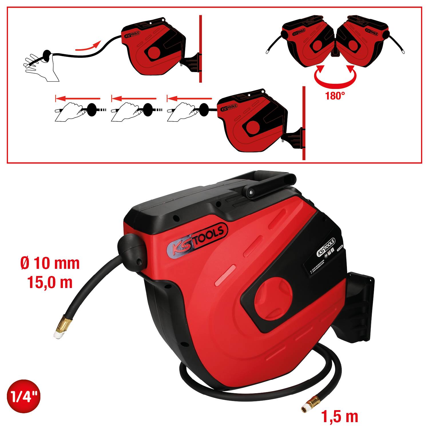 Schlauchaufroller in Rot und Schwarz mit 15-m-Schlauch (Ø 10 mm). 180° schwenkbar, einfache Bedienung. Marke: KS Tools.