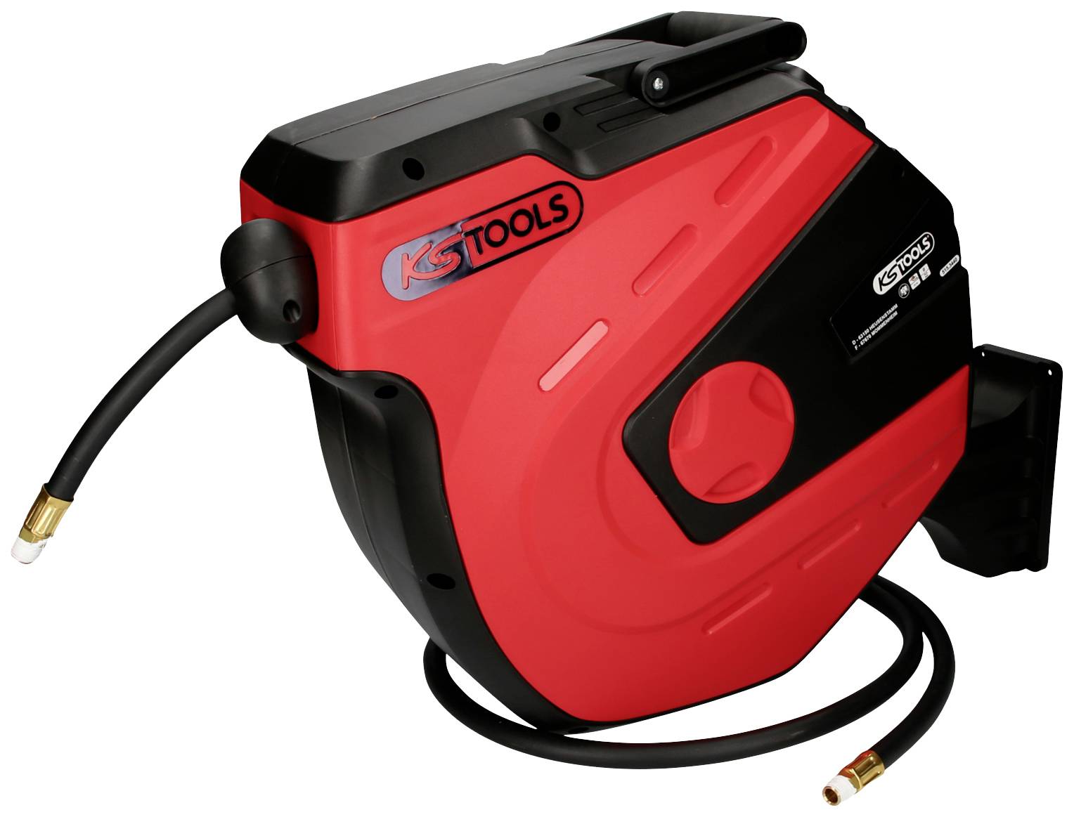 Automatische Schlauchtrommel mit rotem Gehäuse, schwarzem Schlauch und Wandhalterung, markiert mit 'KS Tools'.