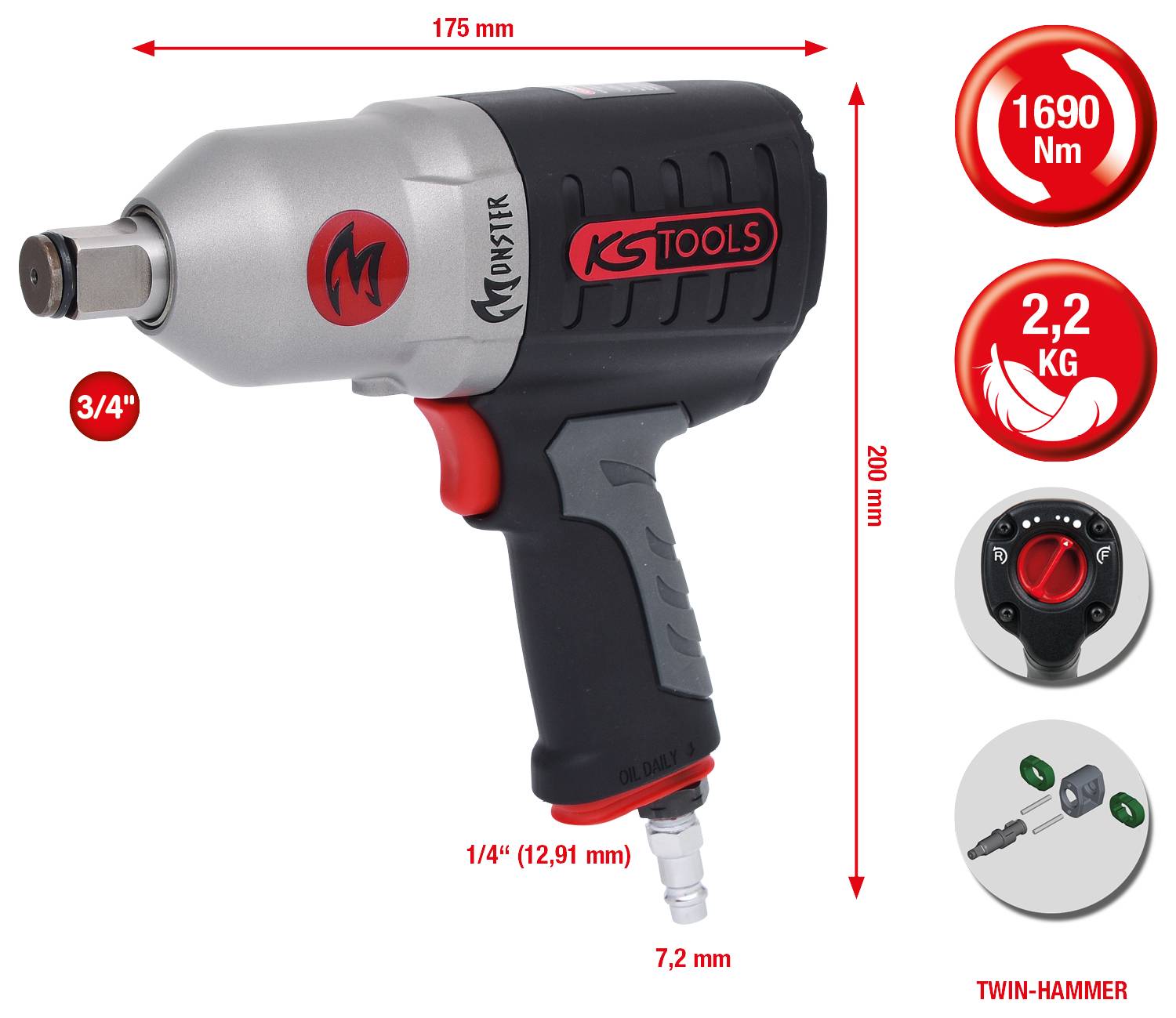 Luftschlagschrauber von KS Tools mit 1690 Nm, 2,2 Kg. Drehmomentanzeige und Twin-Hammer-Funktion. Länge: 175 mm, Höhe: 200 mm.
