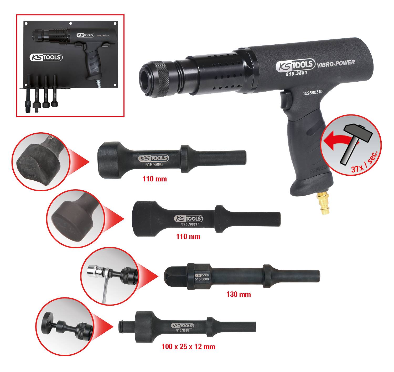 Druckluftmeißelset mit vibrierendem Hammer. Beinhaltet verschiedene Meißelaufsätze: 110 mm, 110 mm, 130 mm, und 100 x 25 x 12 mm.