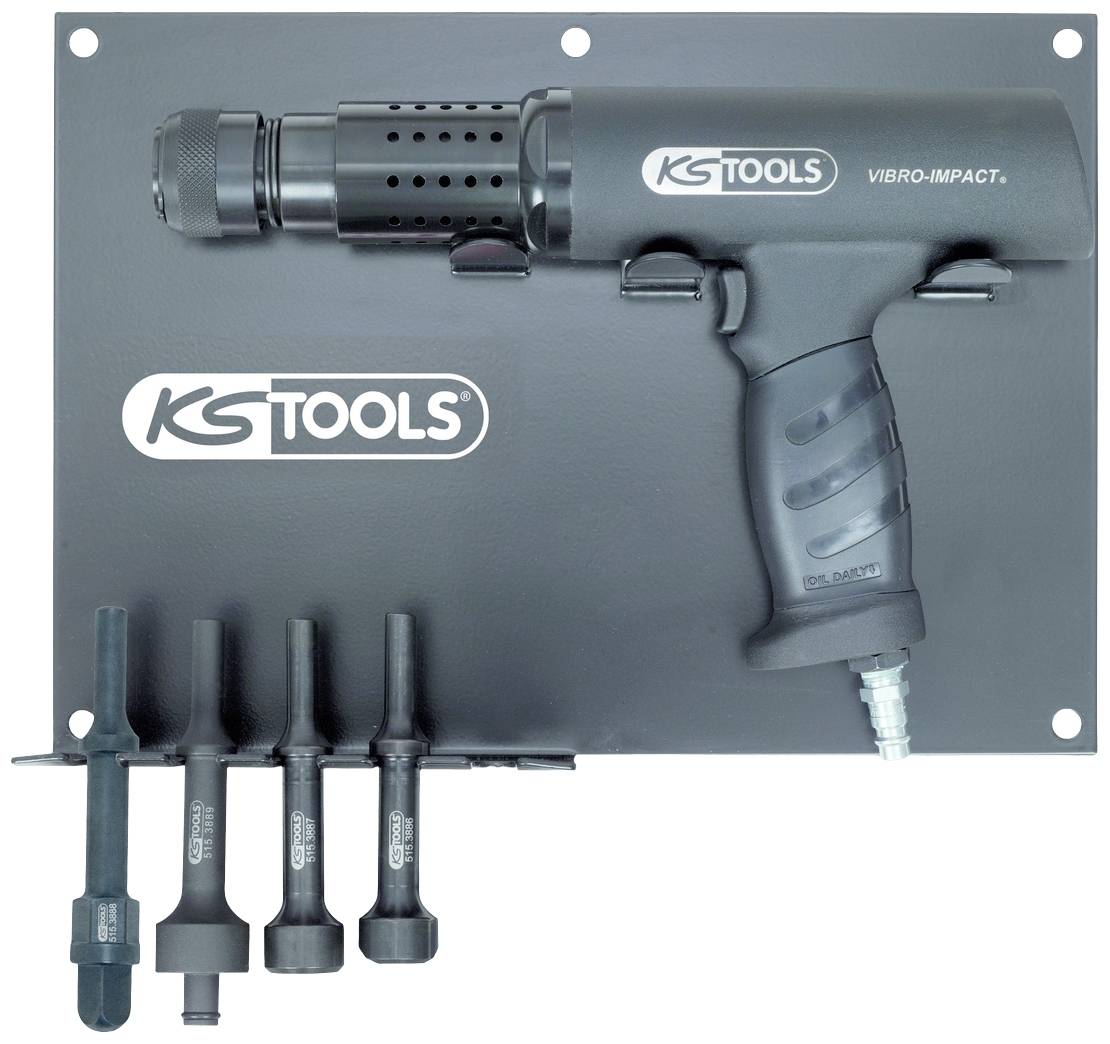 Druckluft-Schlagschrauber von KS Tools an einer Halterung, inklusive verschiedener Aufsätze für unterschiedliche Schraubgrößen.