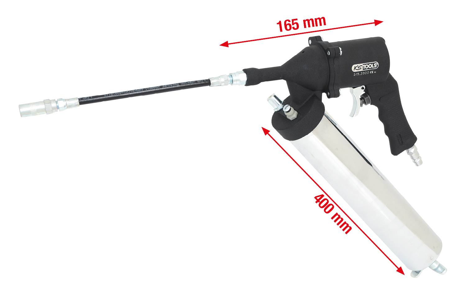 Fettpresse mit schwarzem Griff und Metallzylinder; gekennzeichnete Maße: 165 mm Länge des Griffs, 400 mm Länge des Zylinders.