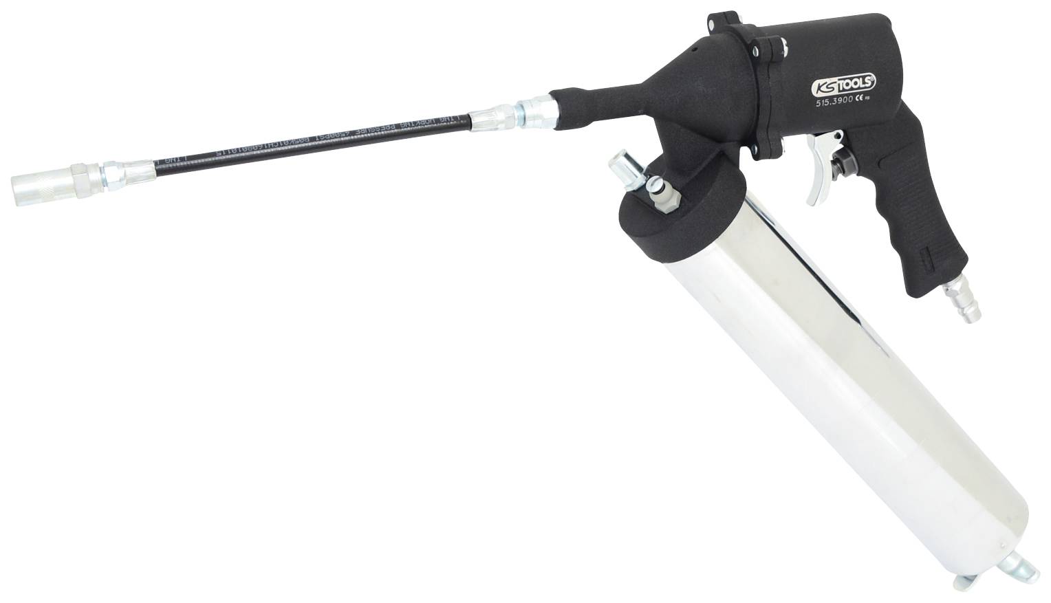 Eine schwarze Druckluftpistole mit einem langen, silbernen Zylinder und einem flexiblen Schlauch, vermutlich für Schmierstoffanwendungen.