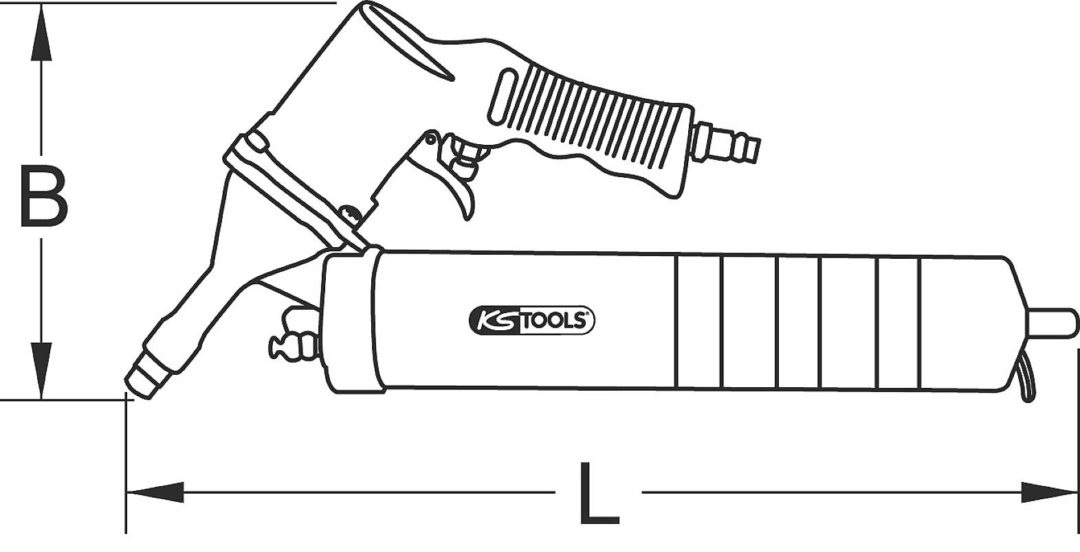 Eine technische Zeichnung zeigt eine Fettpresse mit dem Logo 'KS TOOLS'. Messlinien für Breite (B) und Länge (L) sind dargestellt.
