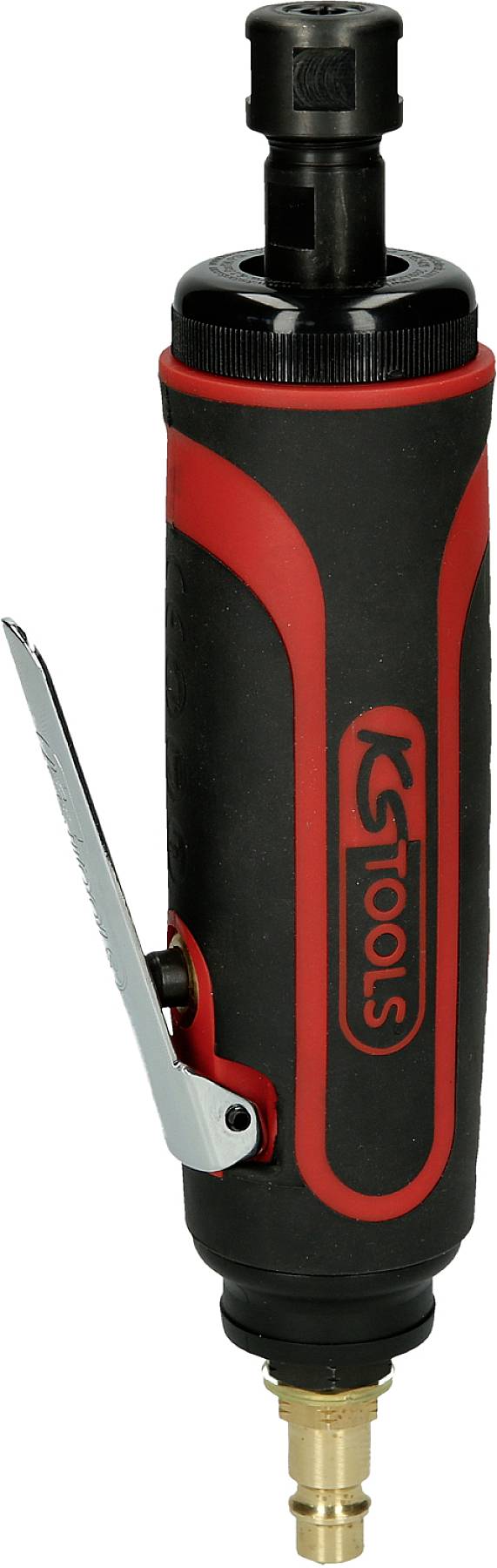 Druckluft-Stabschleifer mit rotem und schwarzem Gehäuse, silbernem Hebel und drehbarem Kopf, aufrecht positioniert.