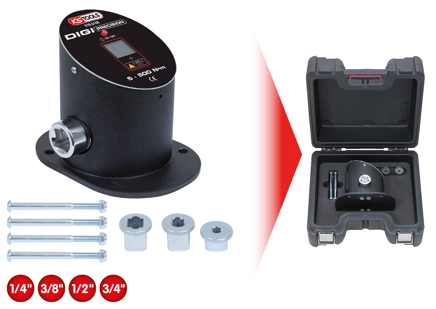 Elektronischer Drehmomentschlüssel mit digitalem Display, Zubehör und Aufbewahrungskoffer. Beinhaltet Adapter in Größen 1/4