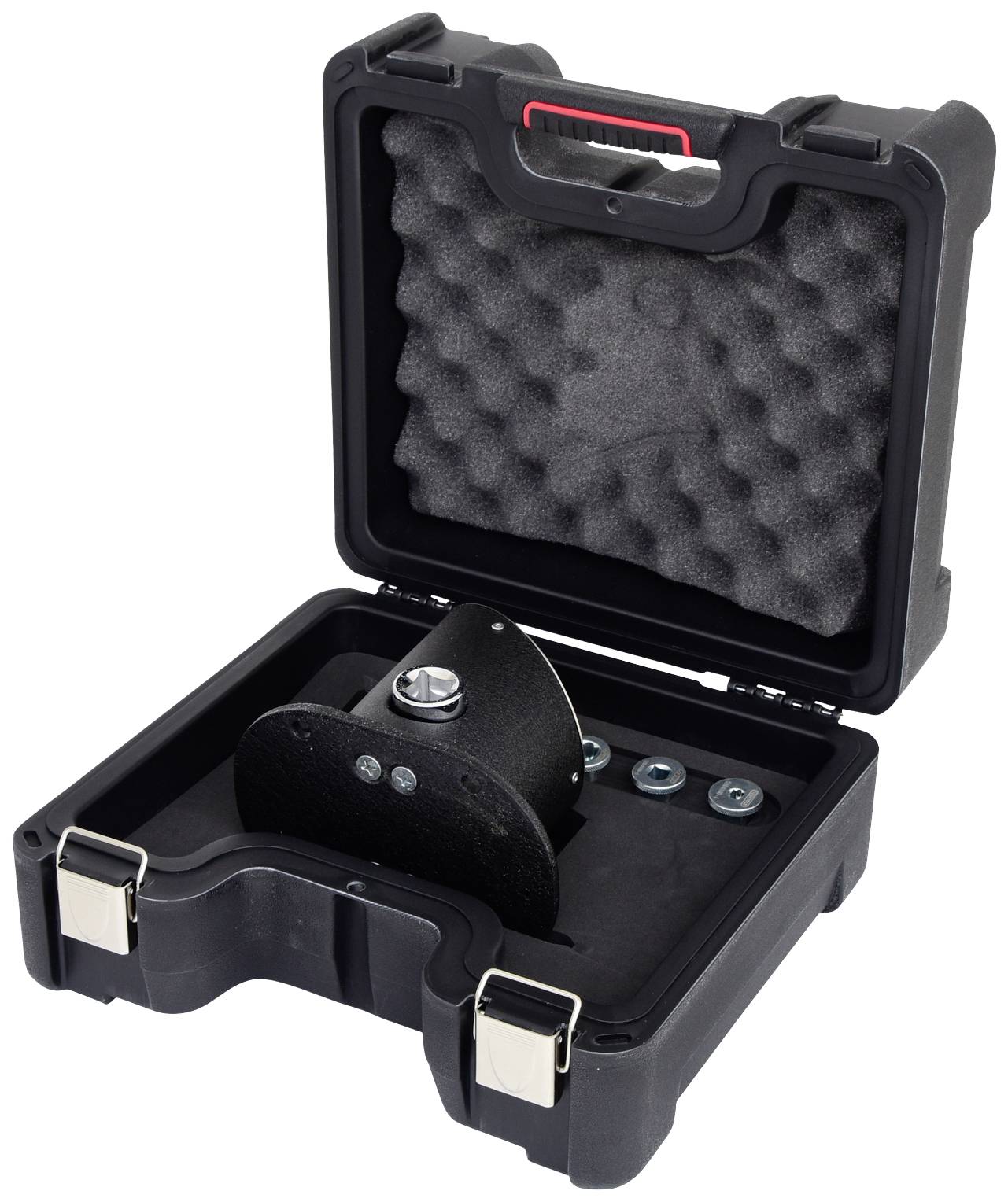 Ein schwarzer Schutzkoffer geöffnet, zeigt eine robuste Halterung mit Befestigungselementen. Ideal für sicheren Transport und Schutz.