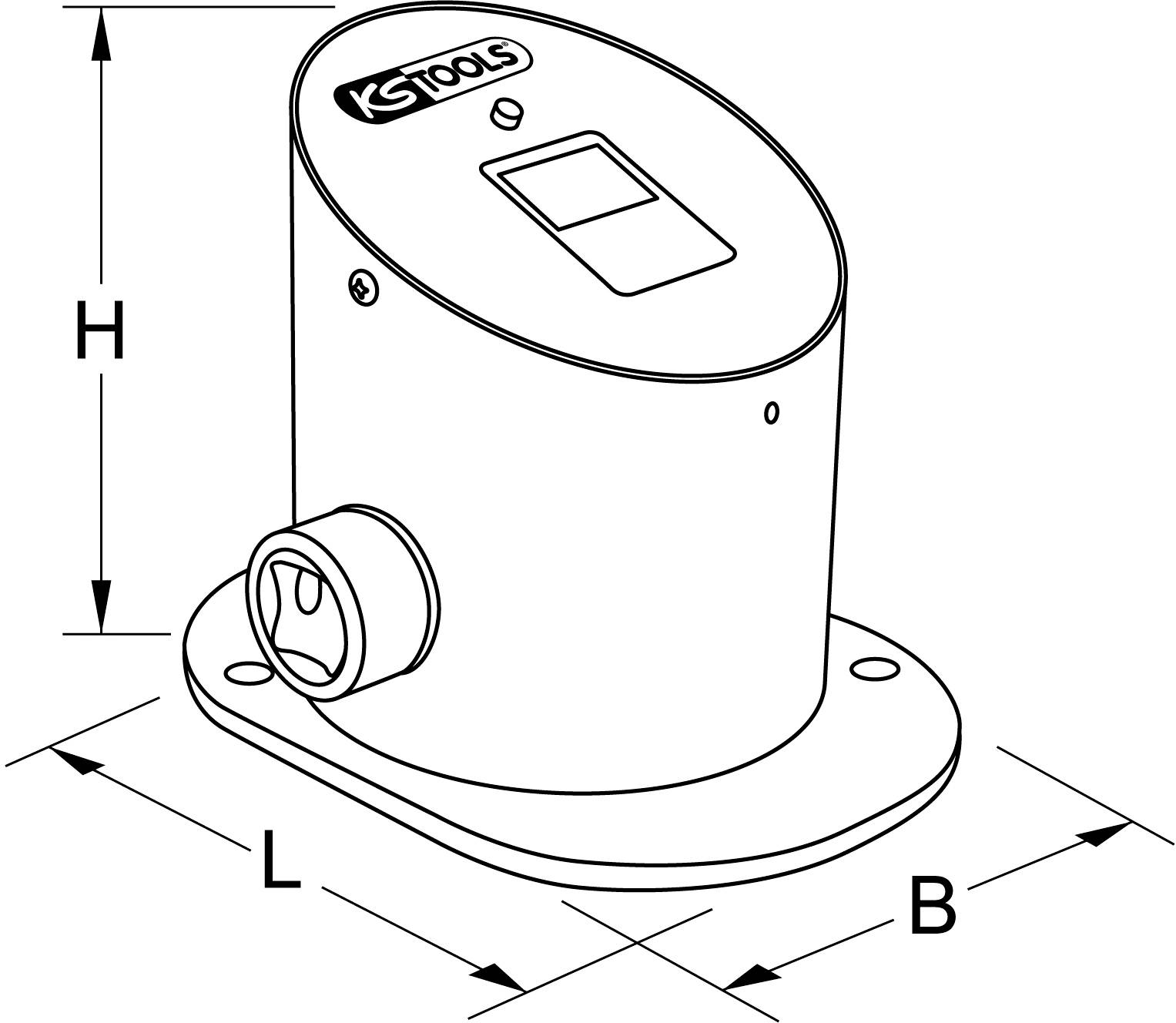 Zeichnung eines ovalen Artikels mit dem Logo KStools oben, Maßen H, L und B und einer seitlichen Öffnung, auf einer Basis montiert.